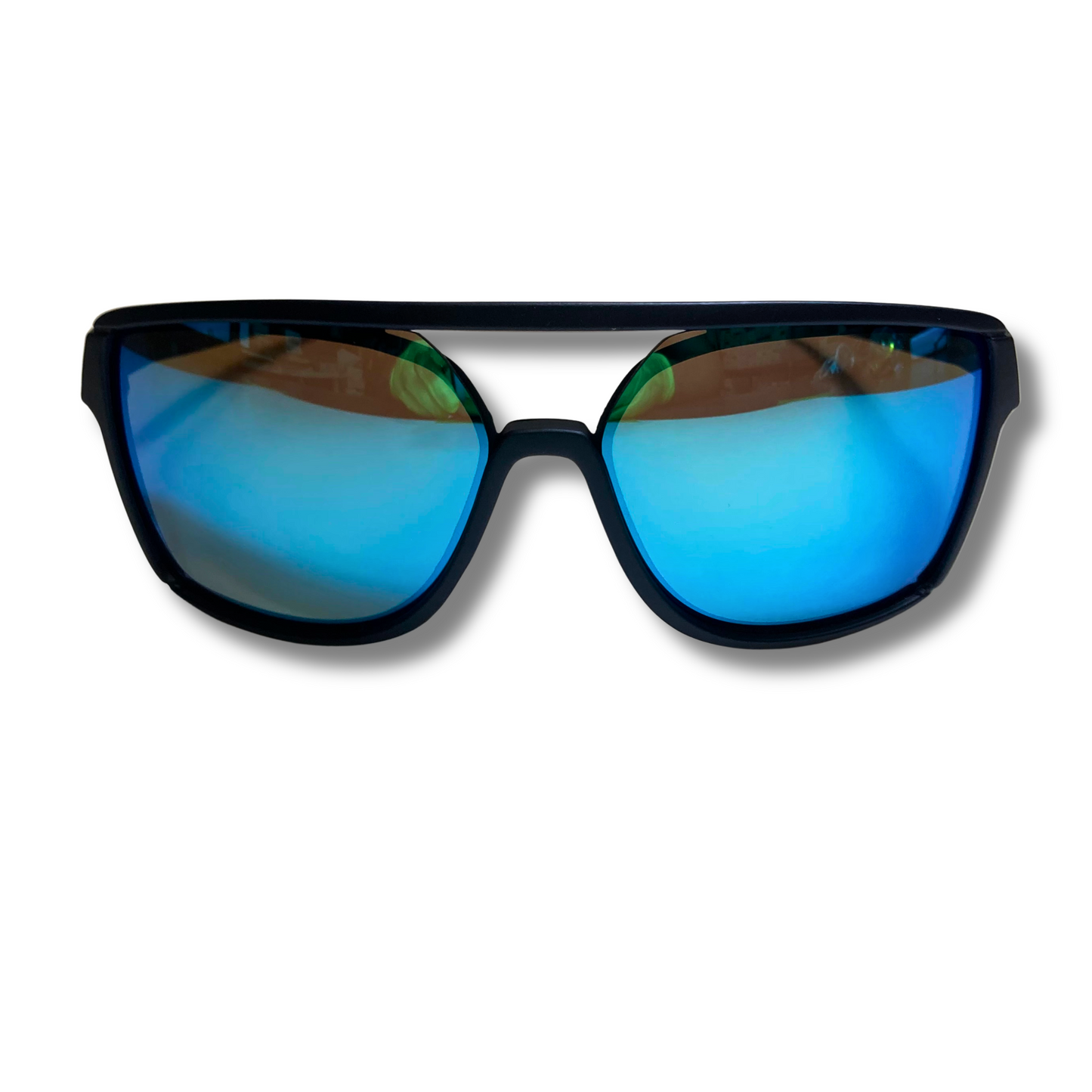 Mens and womens black and blue square mirrored aviator sunglasses with crossbar