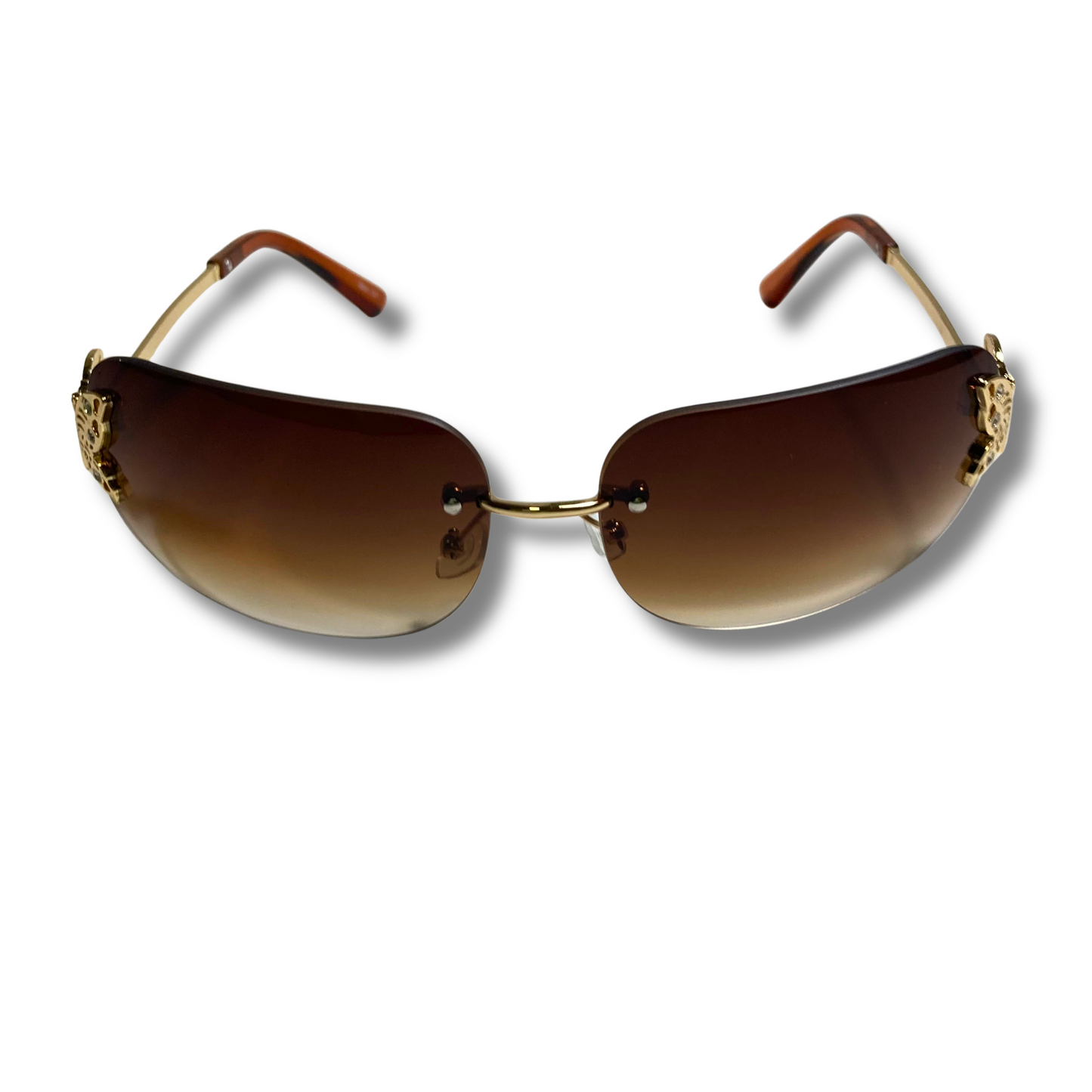 womens brown and gold y2k rimless wraparound sunglasses