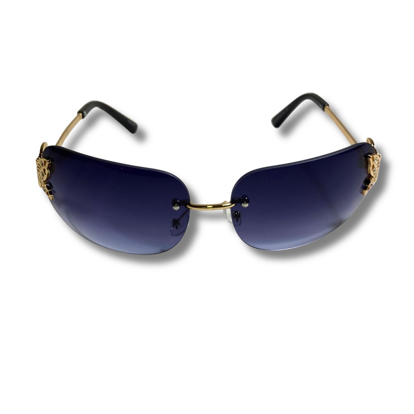womens black and gold y2k rimless wraparound sunglasses