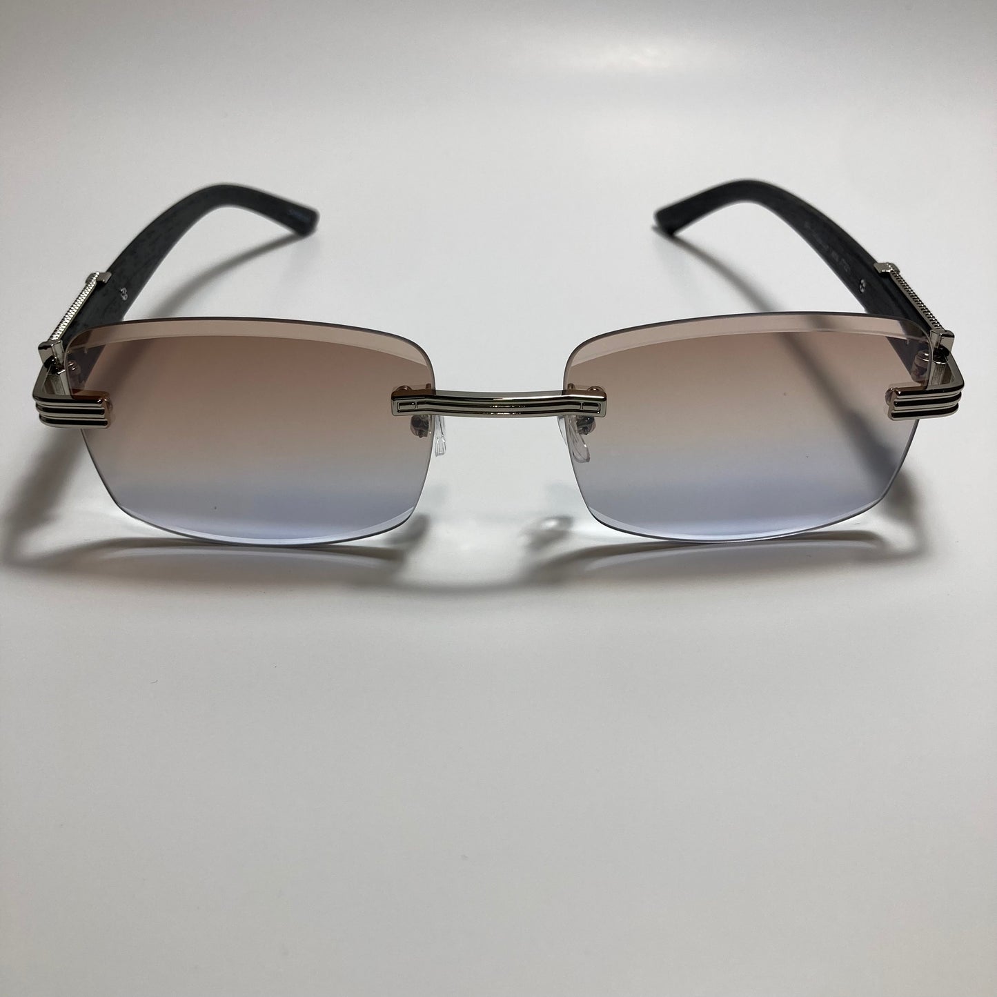mens and womens silver and gray rimless square sunglasses