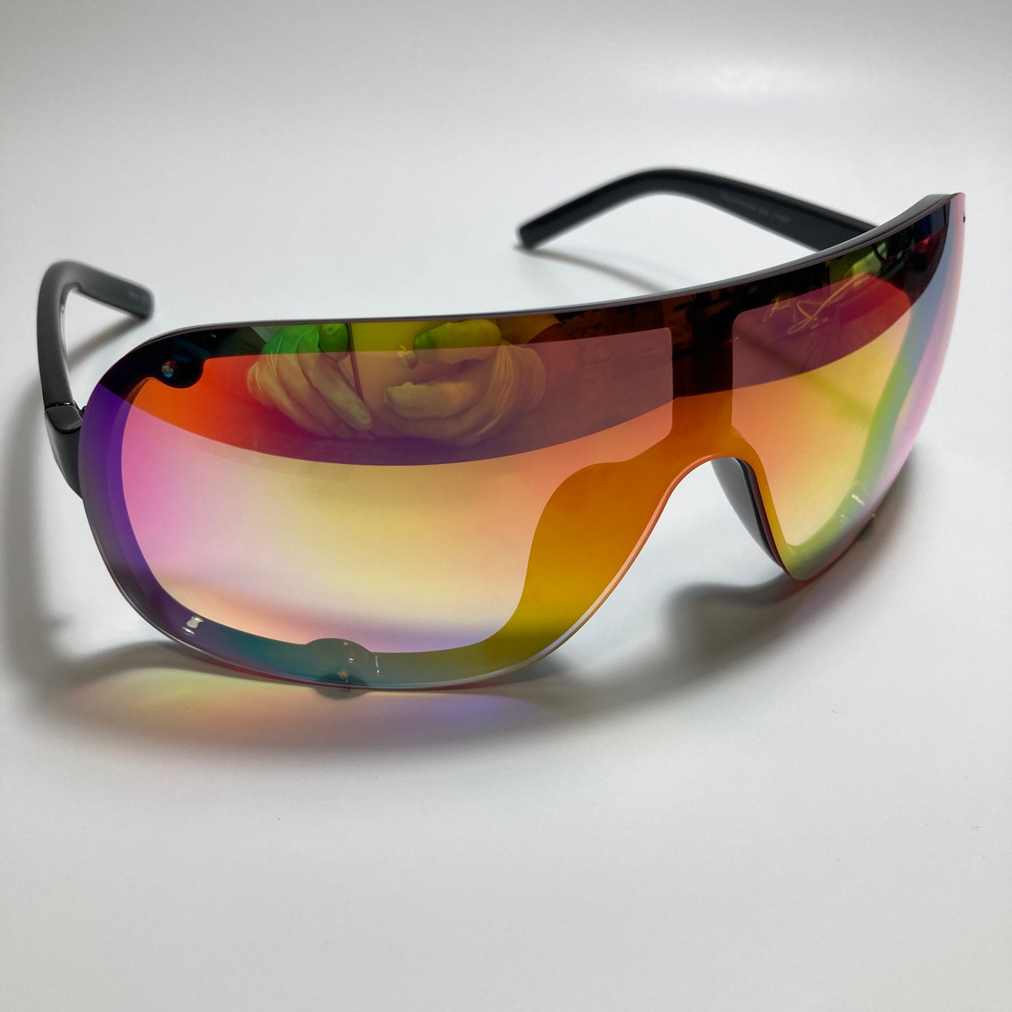 mens and womens black and orange mirrored shield sunglasses