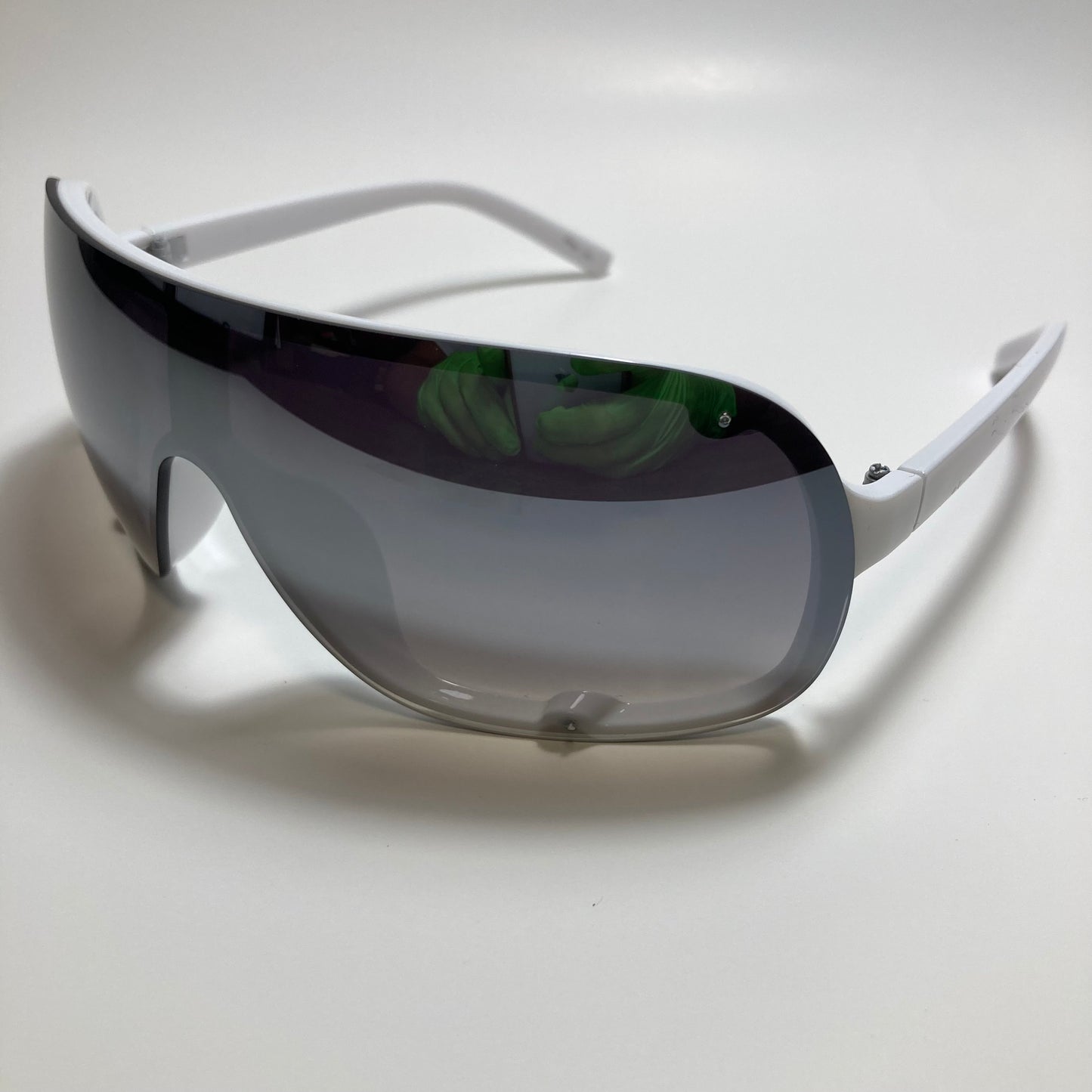 mens and womens white and silver mirrored shield sunglasses