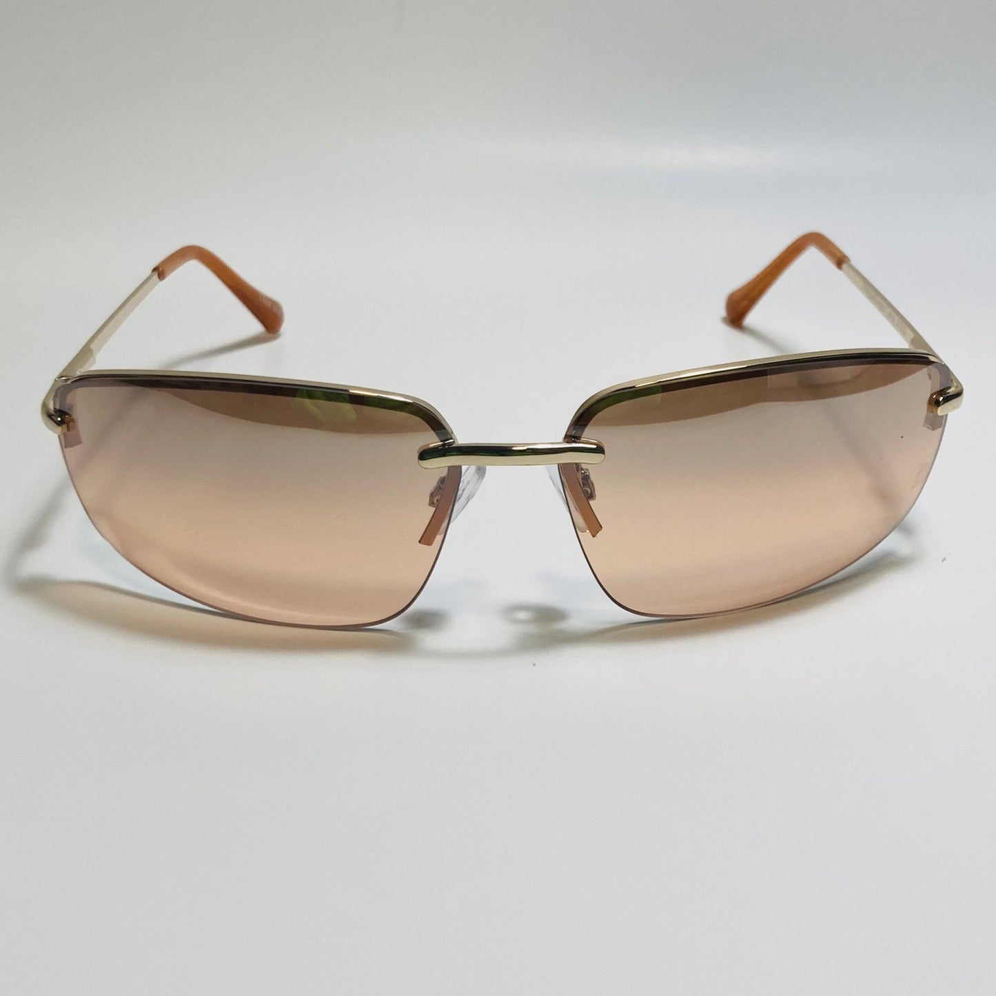 mens and womens gold and brown half rim wrap 2000s sunglasses