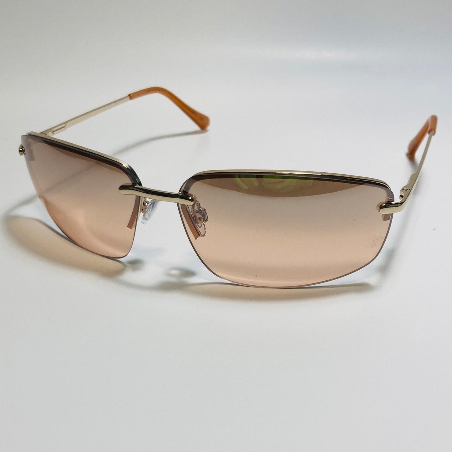 mens and womens gold and brown half rim wrap 2000s sunglasses