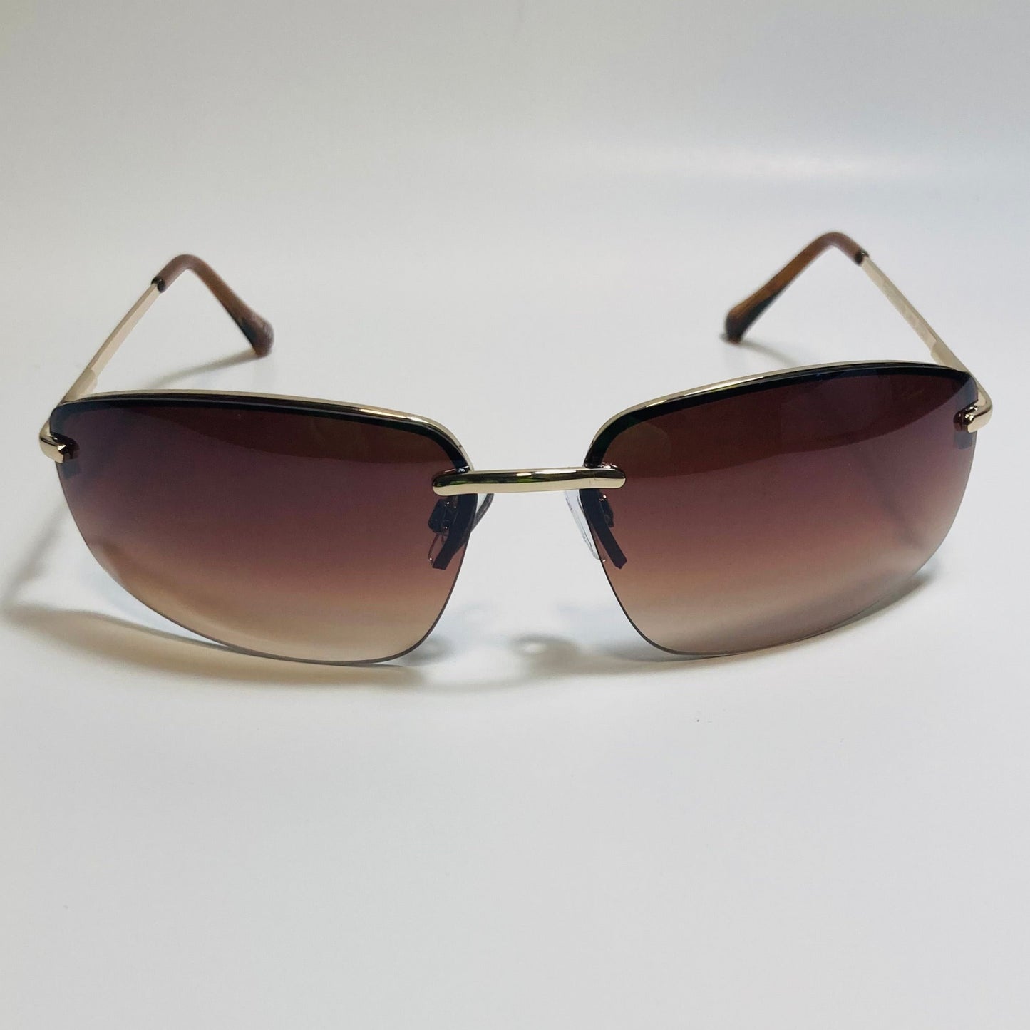 mens and womens gold and brown half rim wrap 2000s sunglasses
