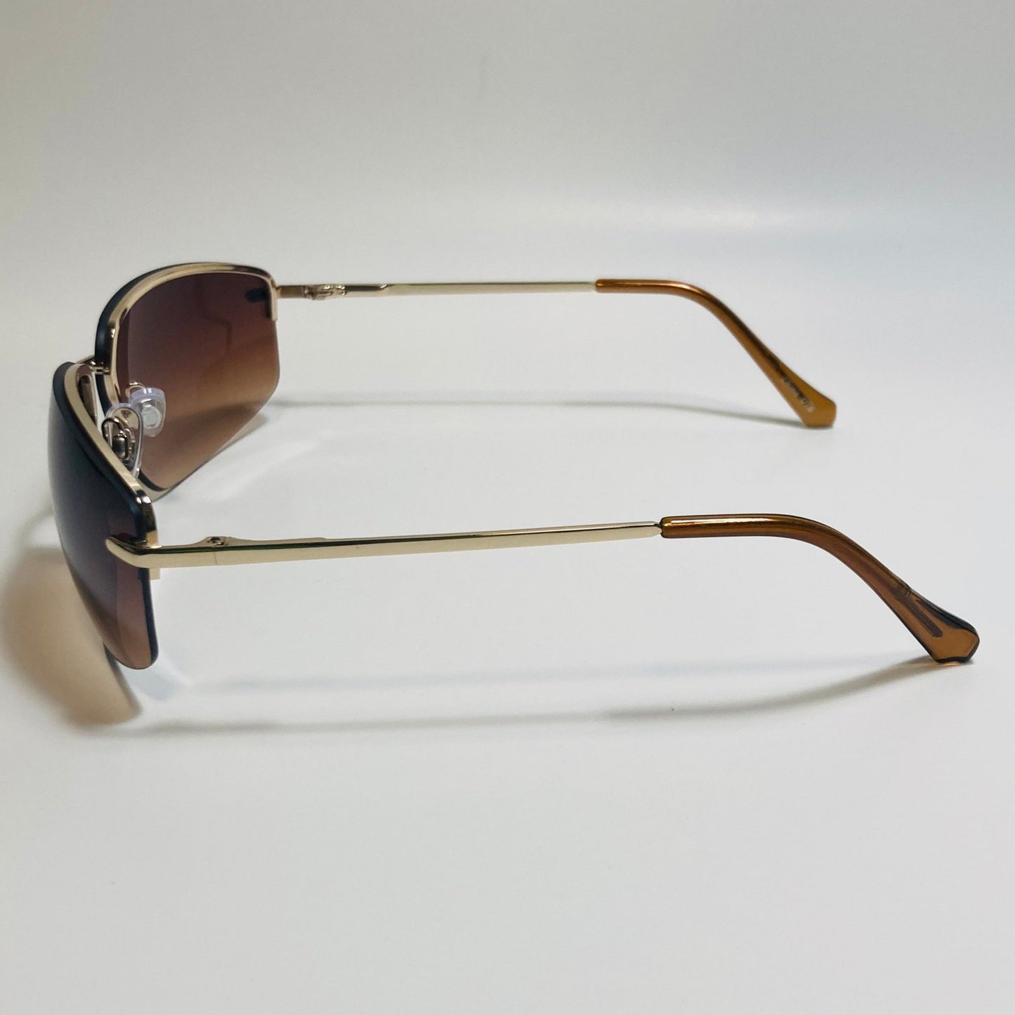 mens and womens gold and brown half rim wrap 2000s sunglasses