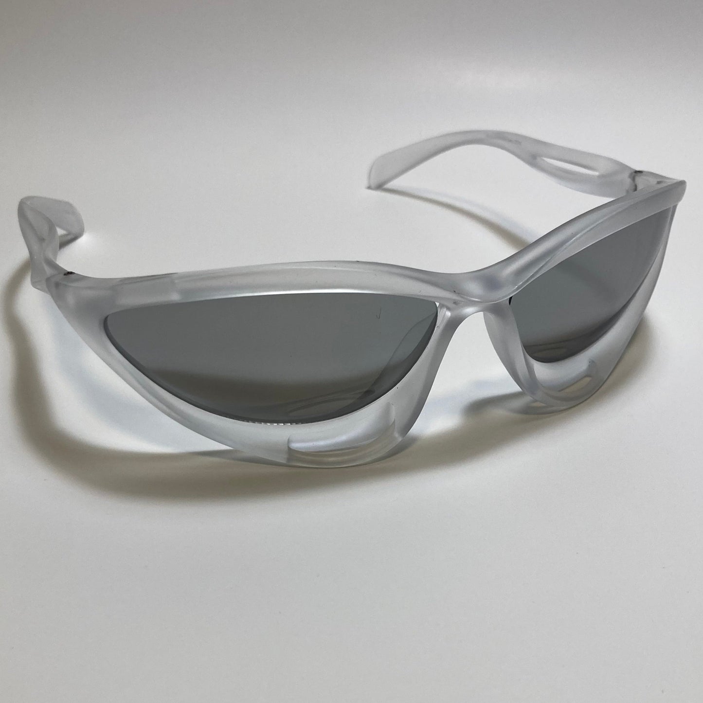 mens and womens clear and silver futuristic sunglasses