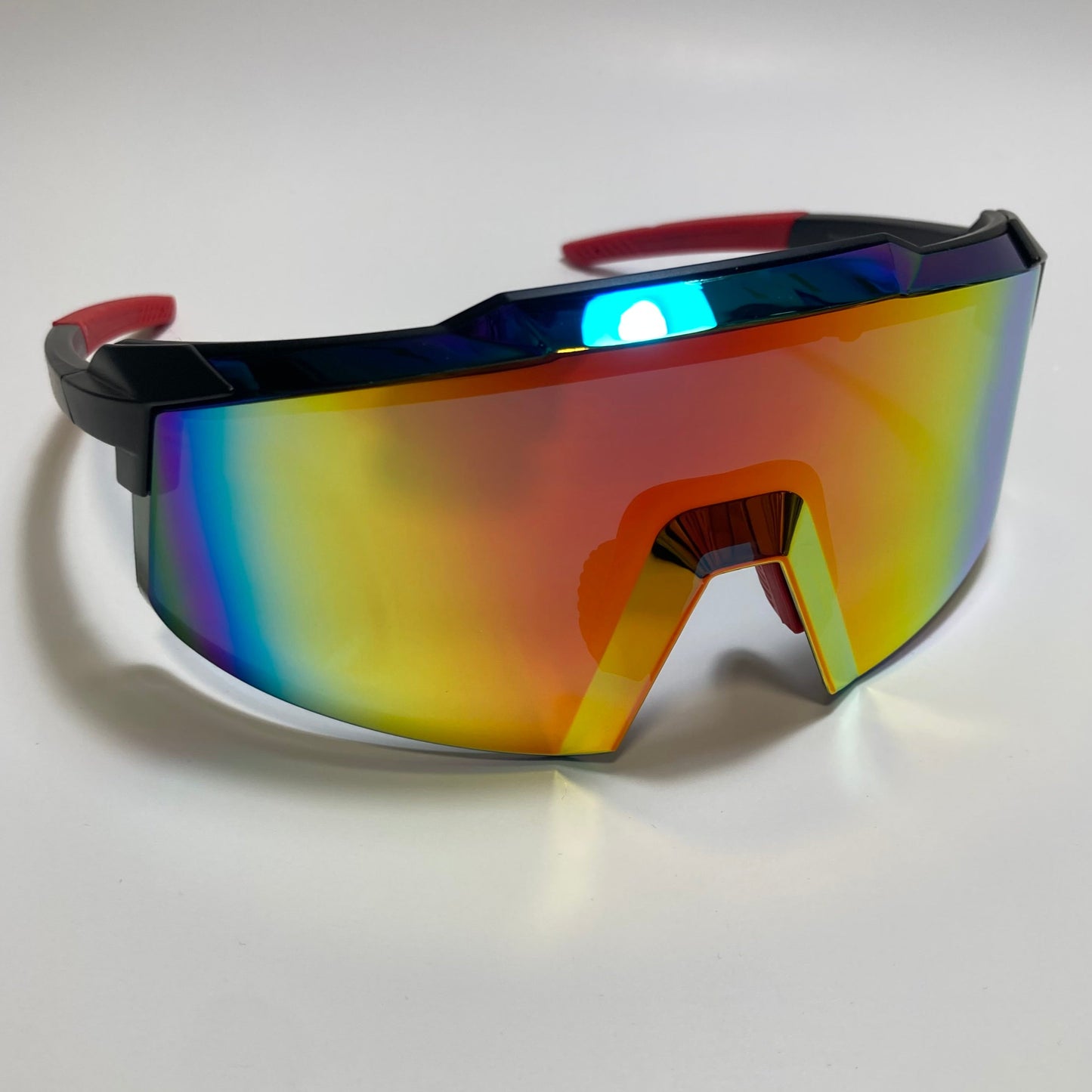 womens and mens sport cycling sunglasses with mirrored orange lens and black and red frame