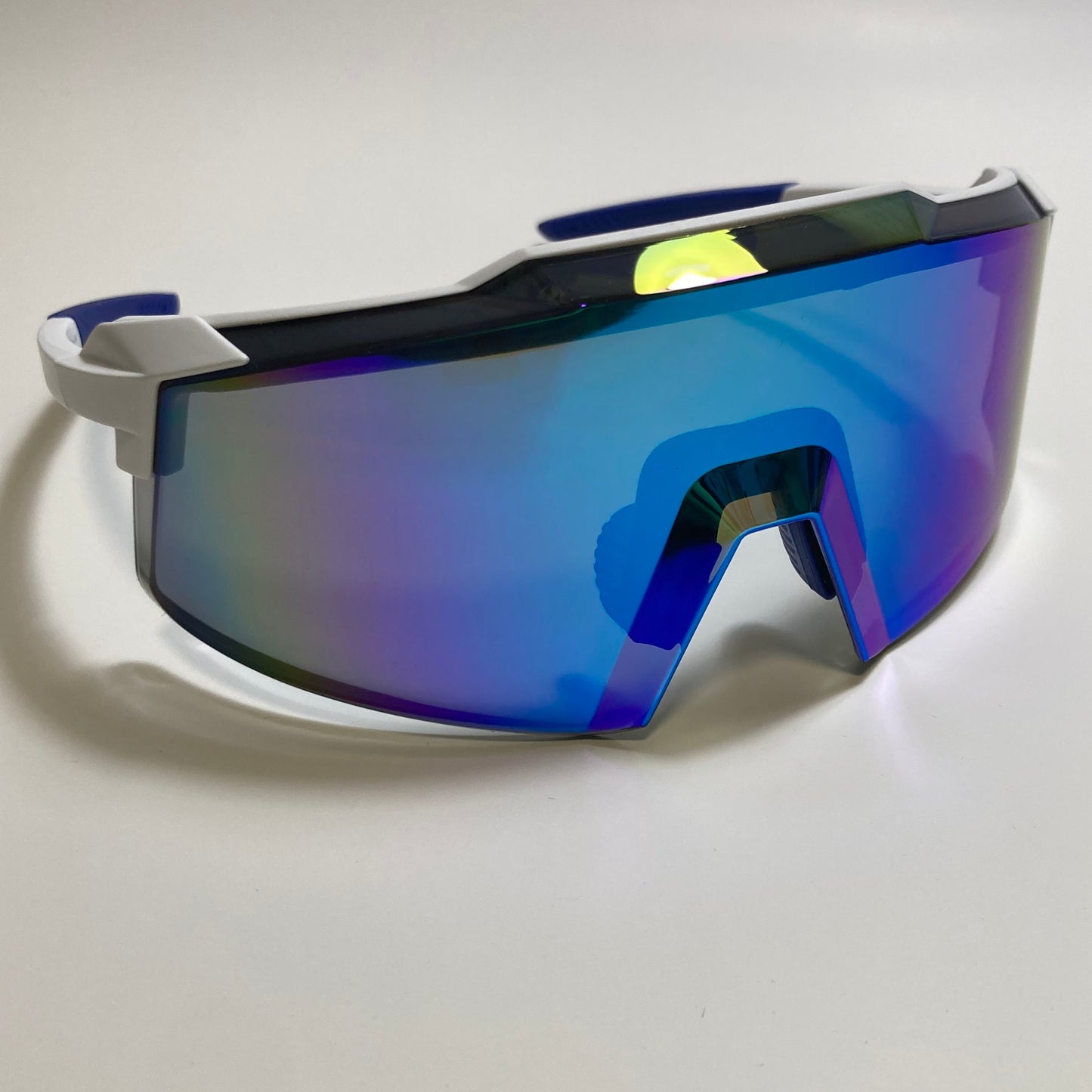 womens and mens sport cycling sunglasses with mirrored blue lens and white and blue frame