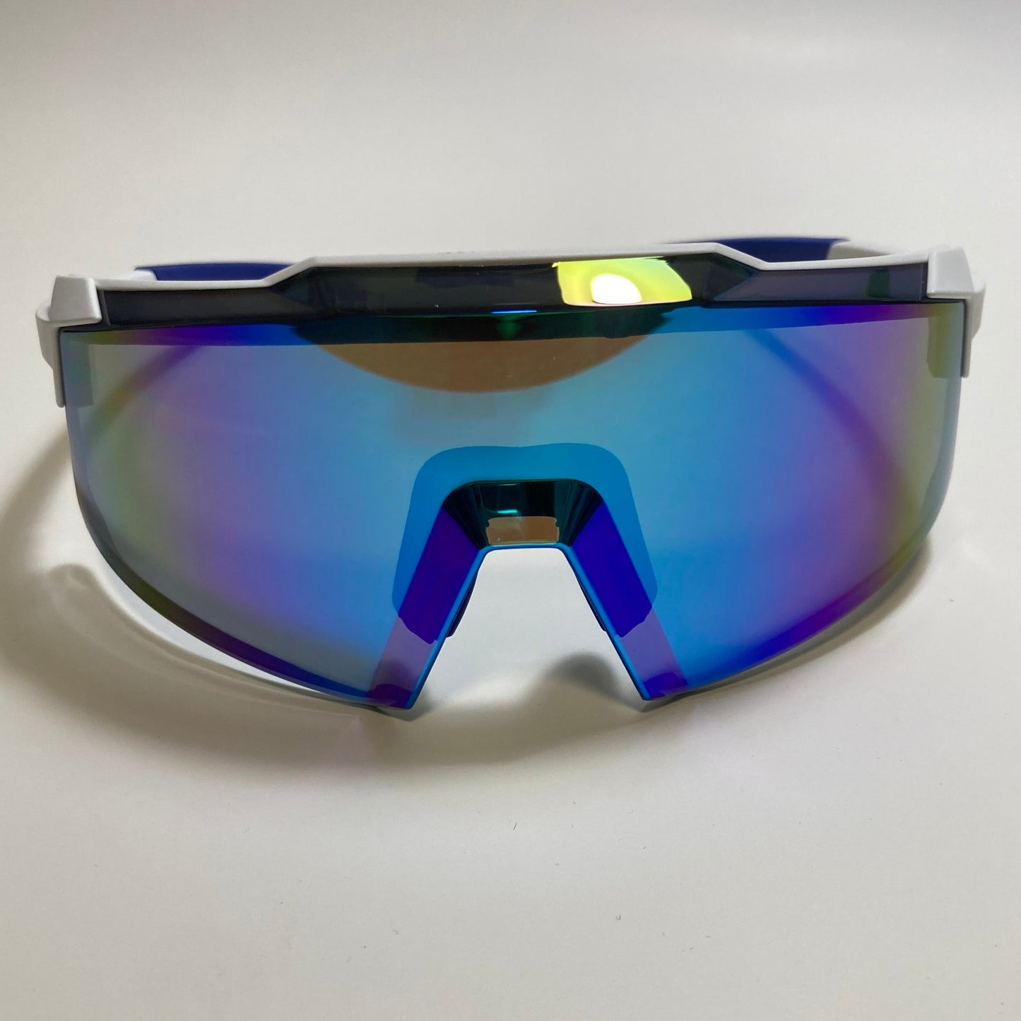 womens and mens sport cycling sunglasses with mirrored blue lens and white and blue frame
