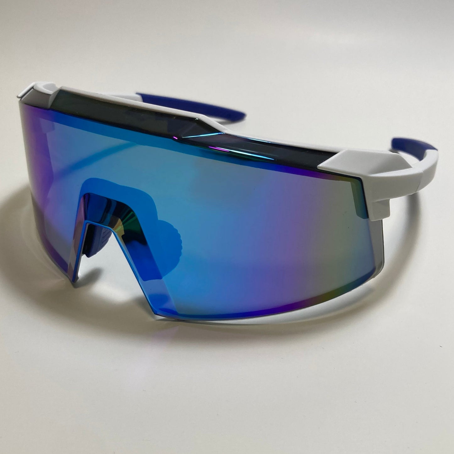 womens and mens sport cycling sunglasses with mirrored blue lens and white and blue frame