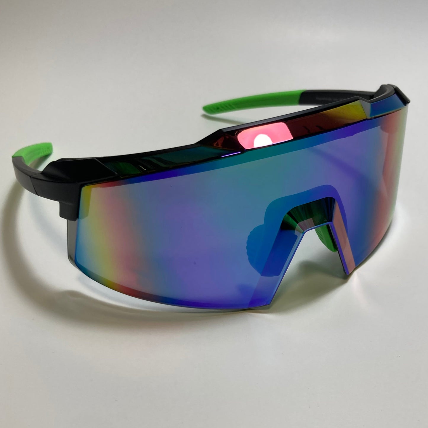 womens and mens sport cycling sunglasses with mirrored blue lens and black and green frame