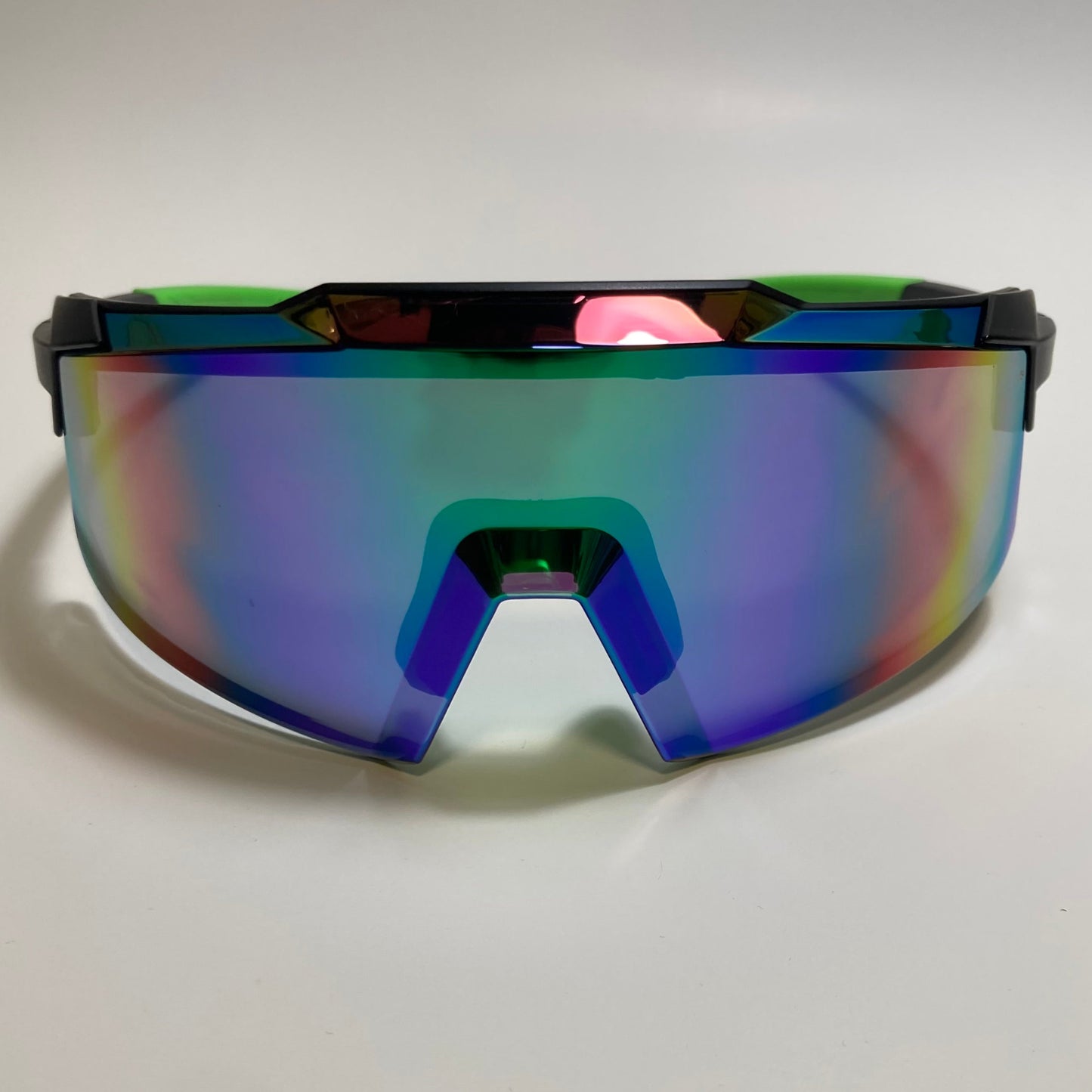 womens and mens sport cycling sunglasses with mirrored blue lens and black and green frame