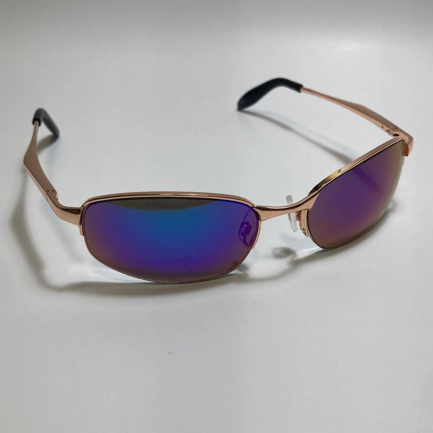 mens and womens gold and blue mirrored metal frame wrap y2k sunglasses