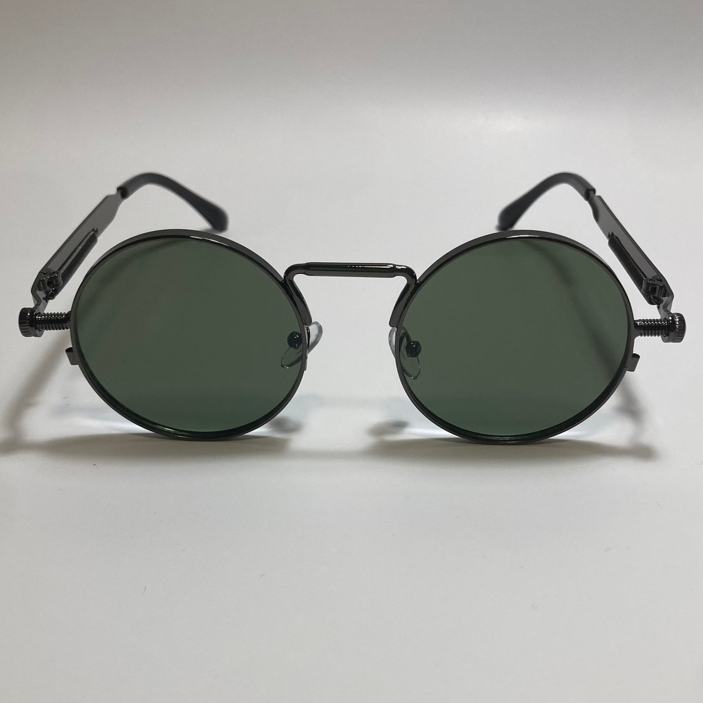 mens and womens black and green round metal steampunk sunglasses