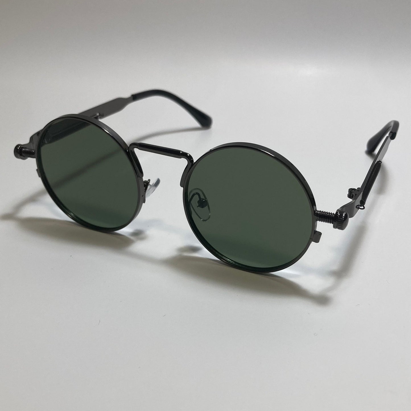 mens and womens black and green round metal steampunk sunglasses