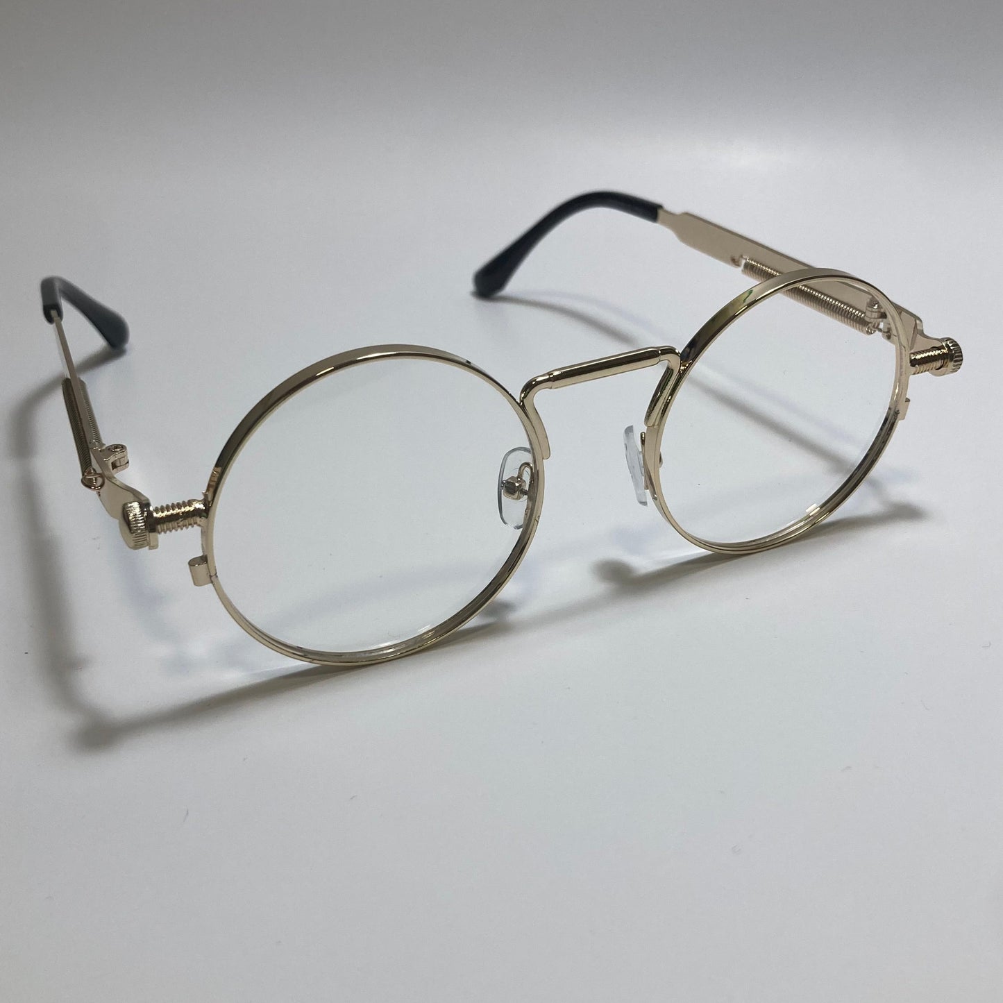mens and womens gold and clear round metal steampunk sunglasses