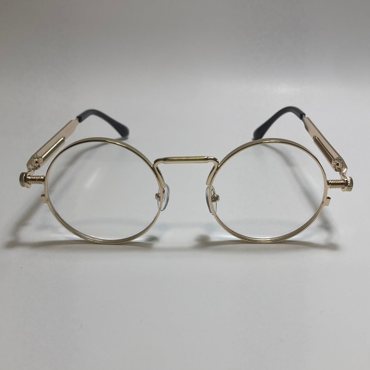 mens and womens gold and clear round metal steampunk sunglasses