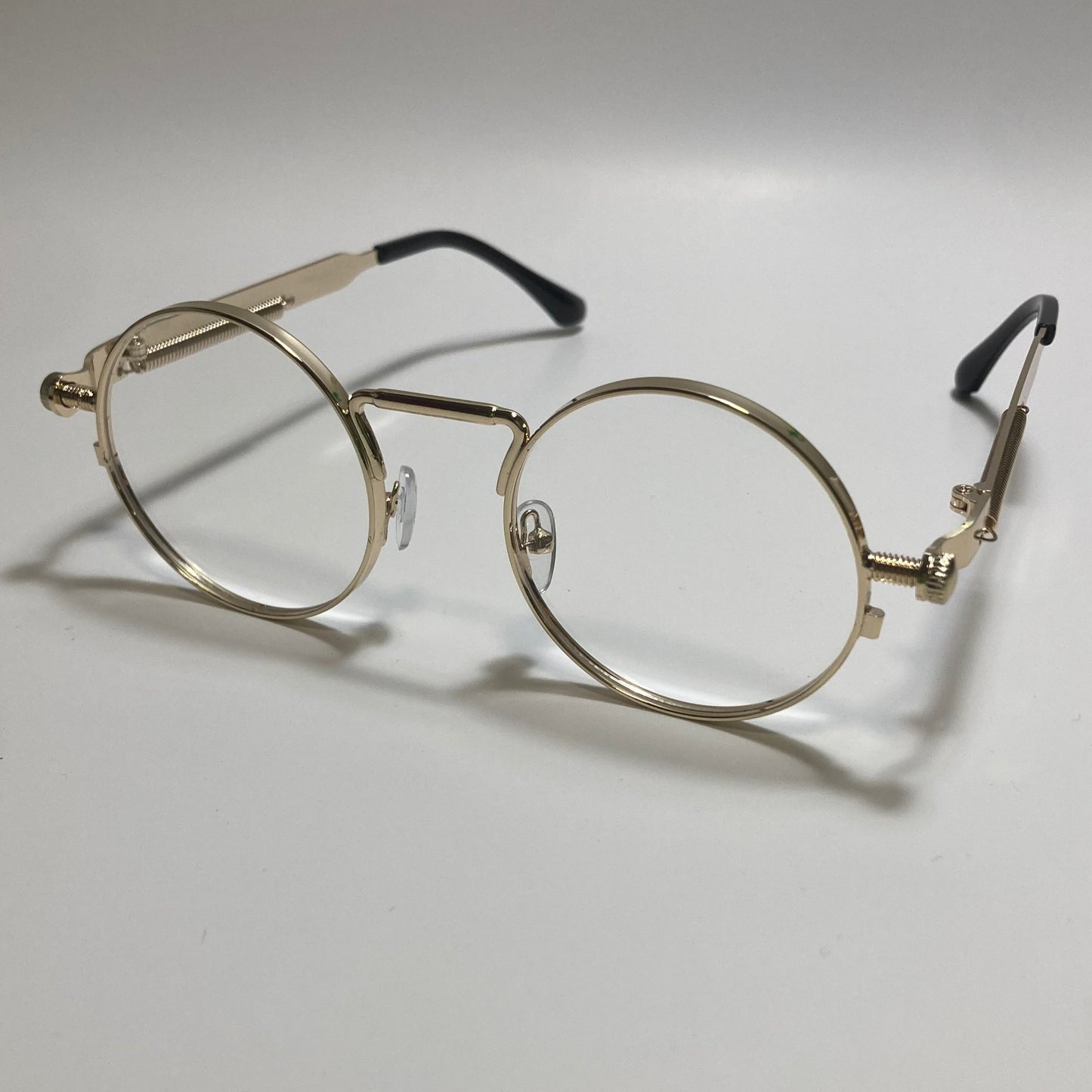 mens and womens gold and clear round metal steampunk sunglasses