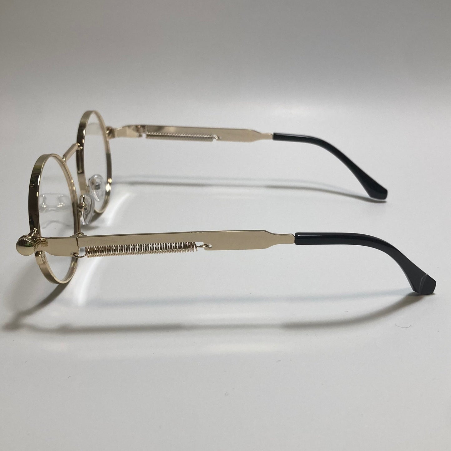mens and womens gold and clear round metal steampunk sunglasses
