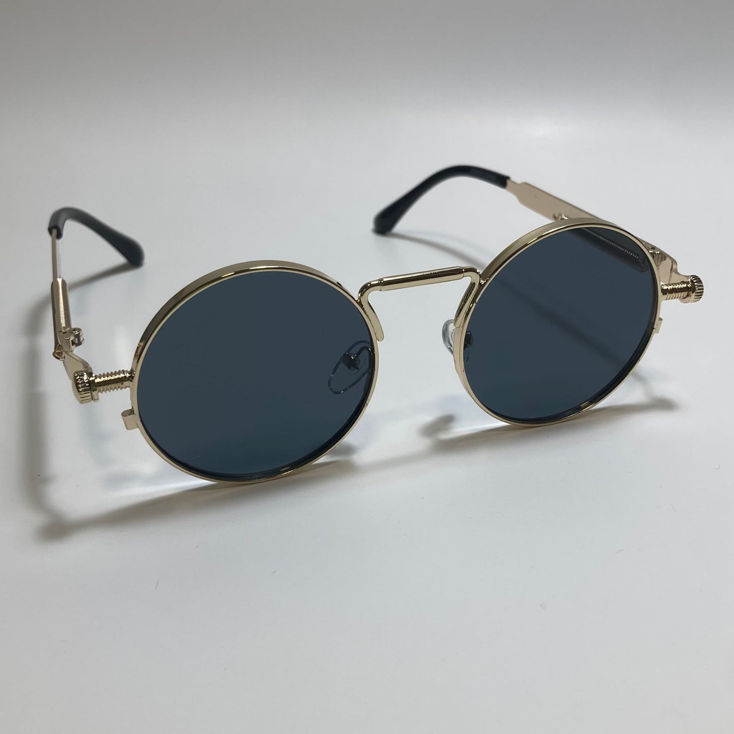 mens and womens gold and black round metal steampunk sunglasses