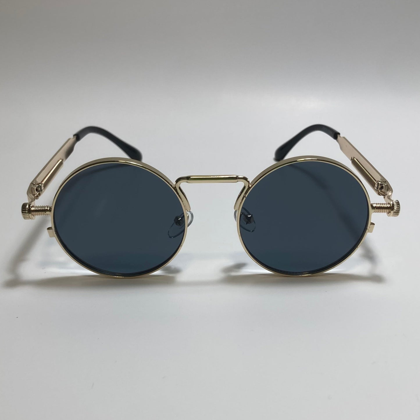 mens and womens gold and black round metal steampunk sunglasses