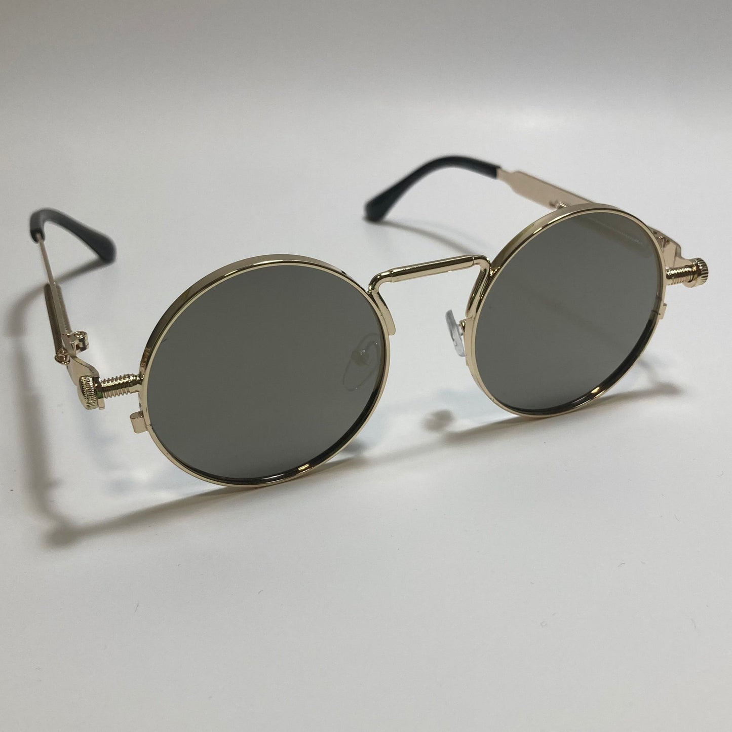 mens and womens gold and gray round metal steampunk sunglasses