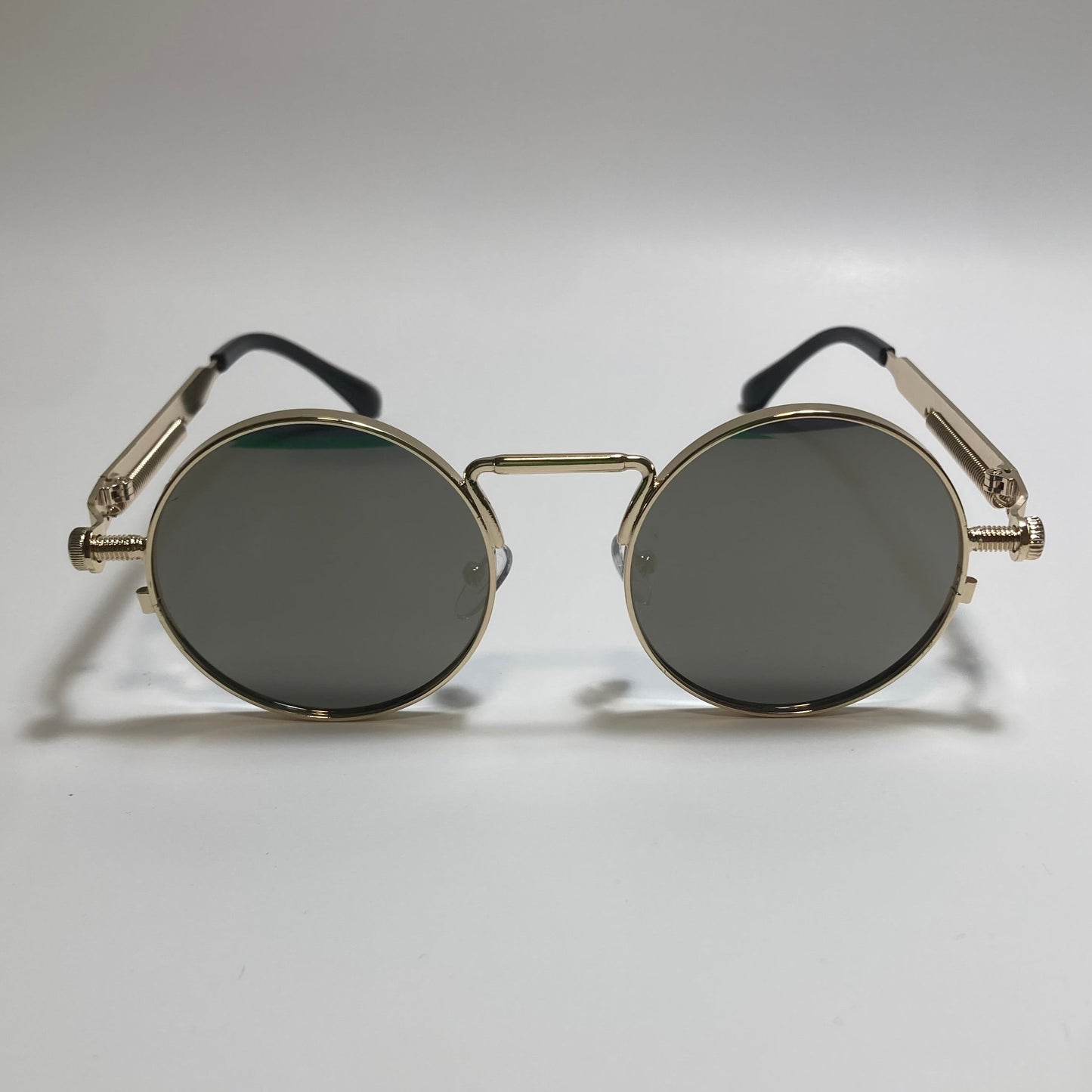 mens and womens gold and gray round metal steampunk sunglasses