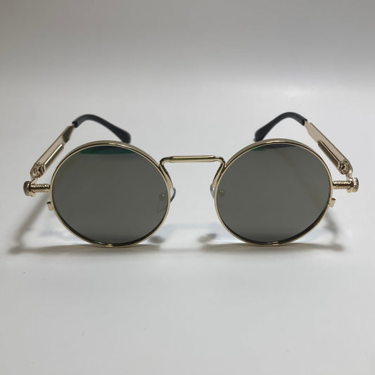 mens and womens gold and gray round metal steampunk sunglasses
