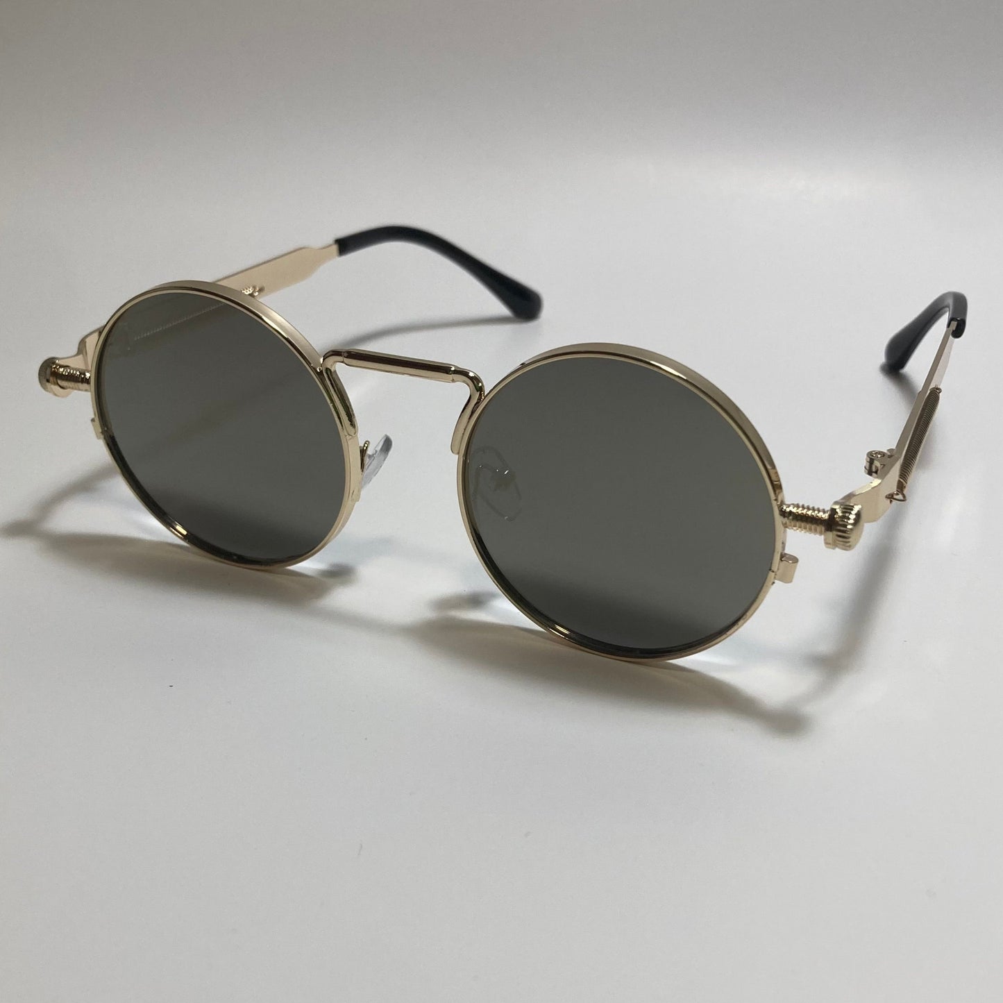 mens and womens gold and gray round metal steampunk sunglasses