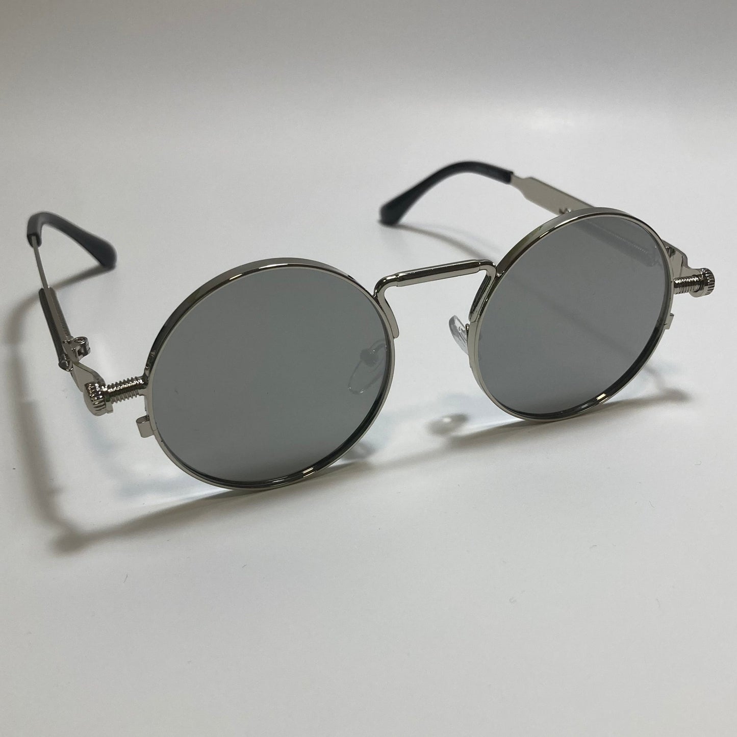 mens and womens silver mirrored round metal steampunk sunglasses