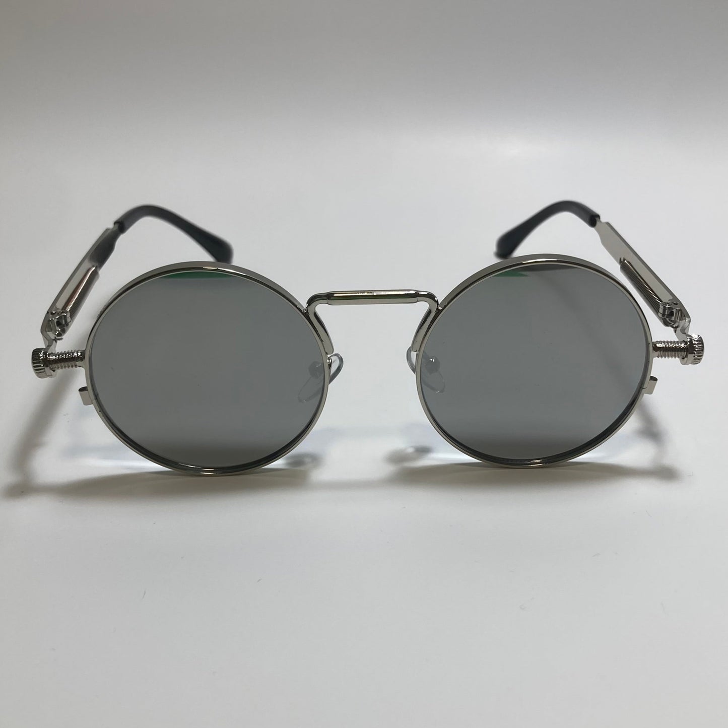 mens and womens silver mirrored round metal steampunk sunglasses