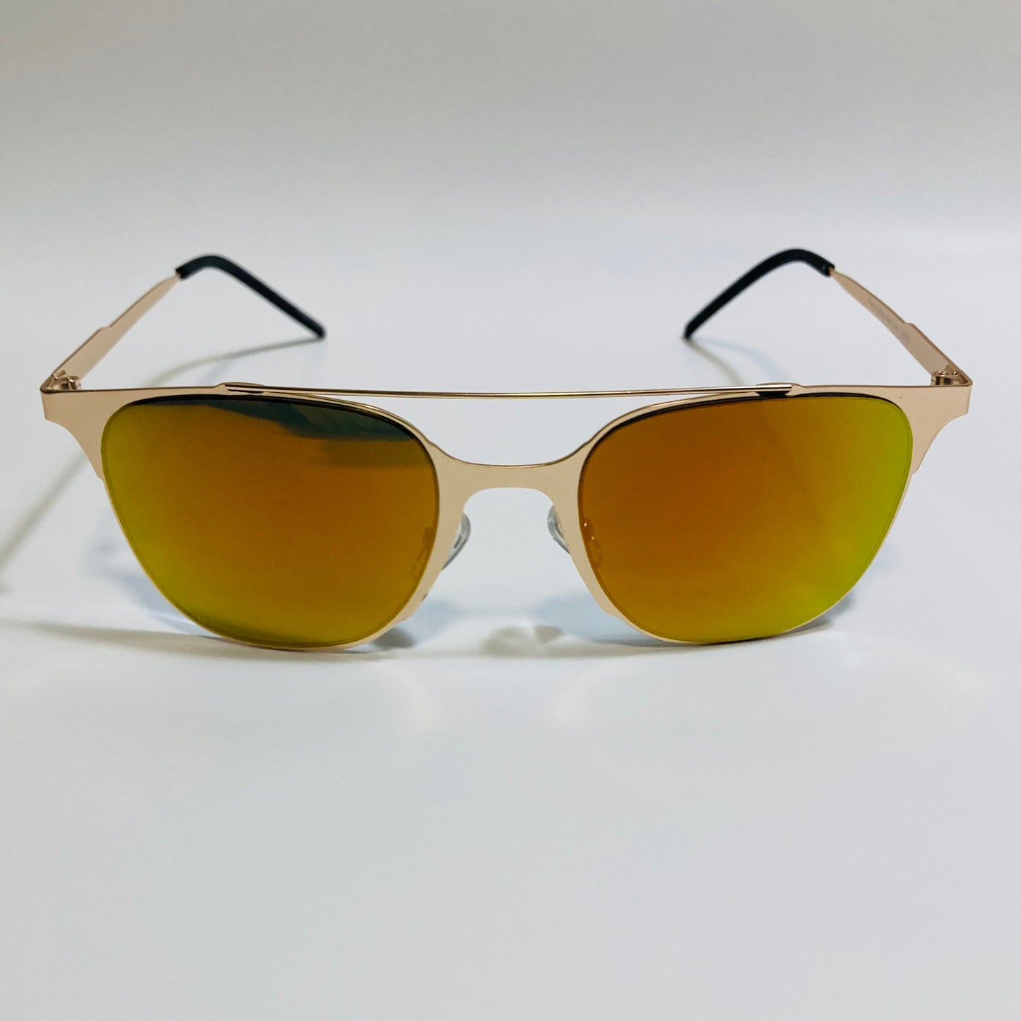 Square gold crossbar sunglasses with mirrored orange lenses