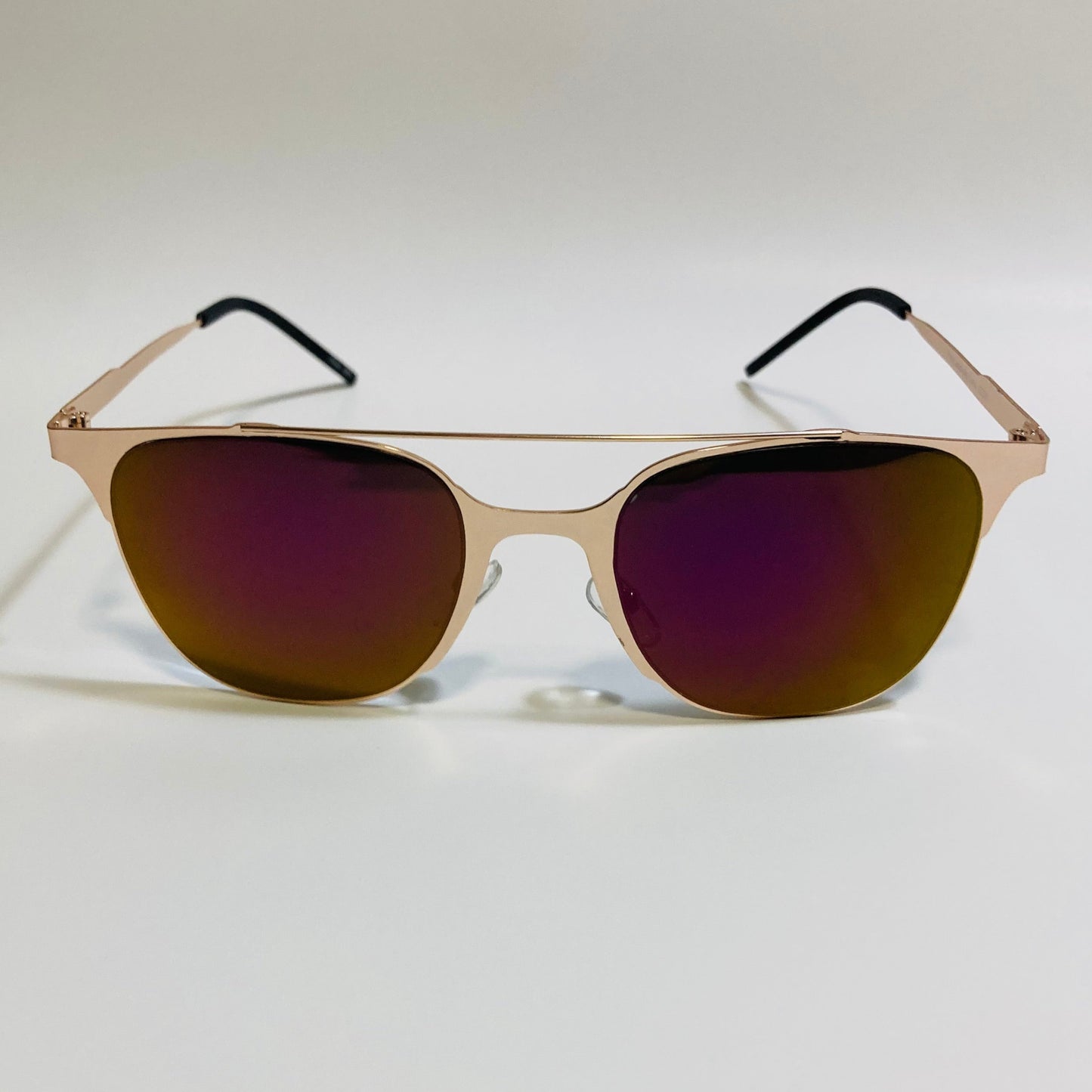 Square gold crossbar sunglasses with mirrored purple lenses