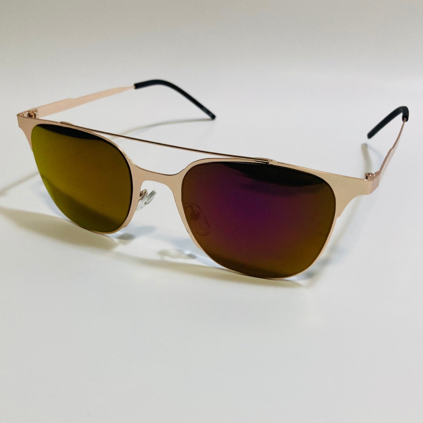 Square gold crossbar sunglasses with mirrored purple lenses