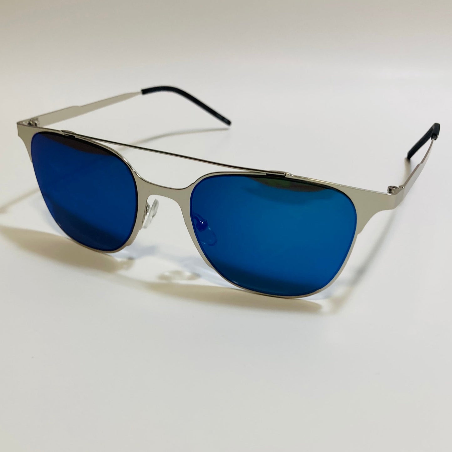 Square silver crossbar sunglasses with mirrored blue lenses