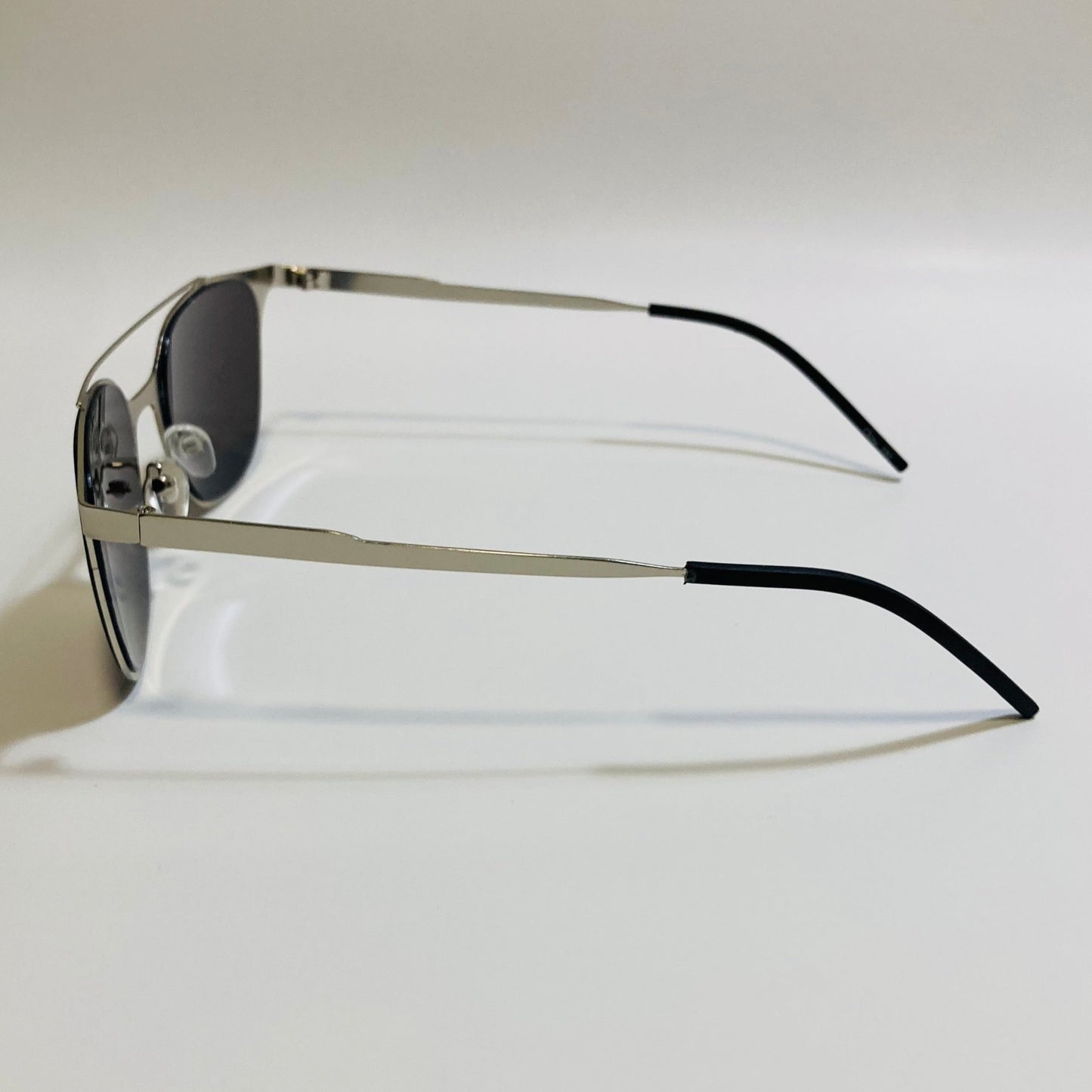 Square silver crossbar sunglasses with mirrored blue lenses