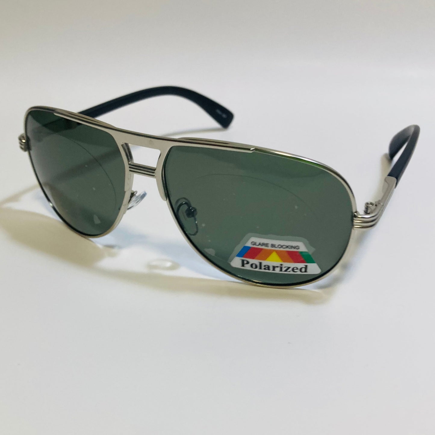 Polarized Silver and green aviator sunglasses with engraved metal frame