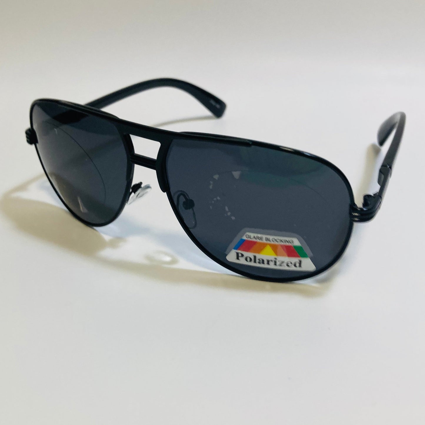 Polarized black aviator sunglasses with engraved metal frame