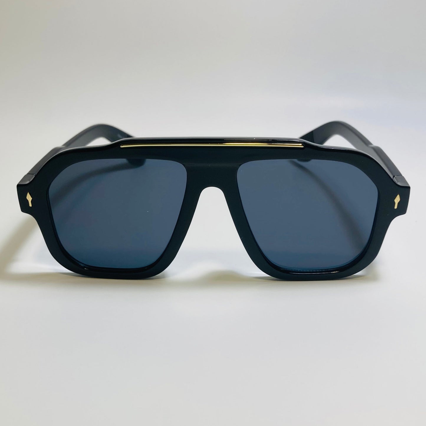 Mens and womens unisex black and gold square aviator 70s sunglasses
