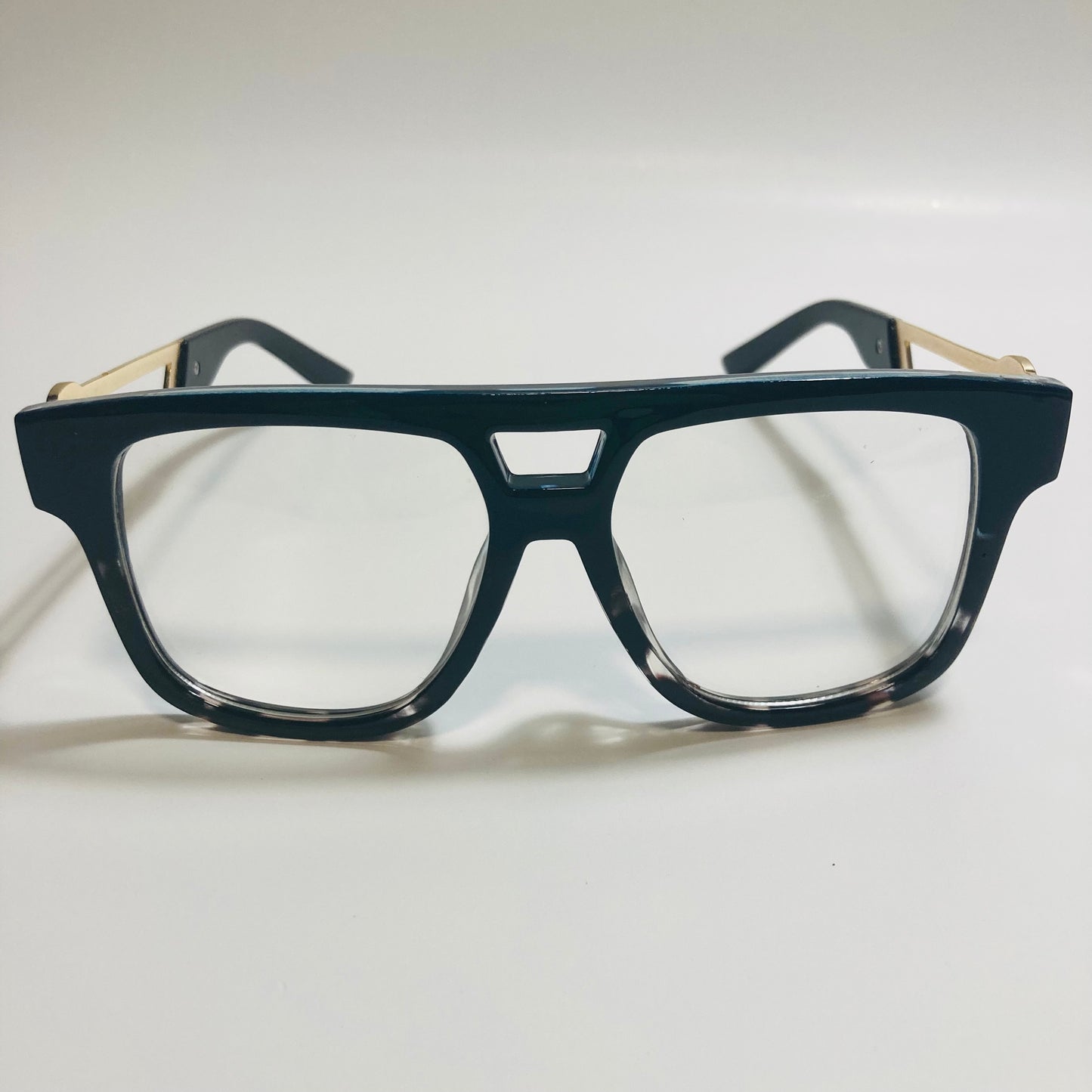 mens and womens blue clear and gold fake glasses