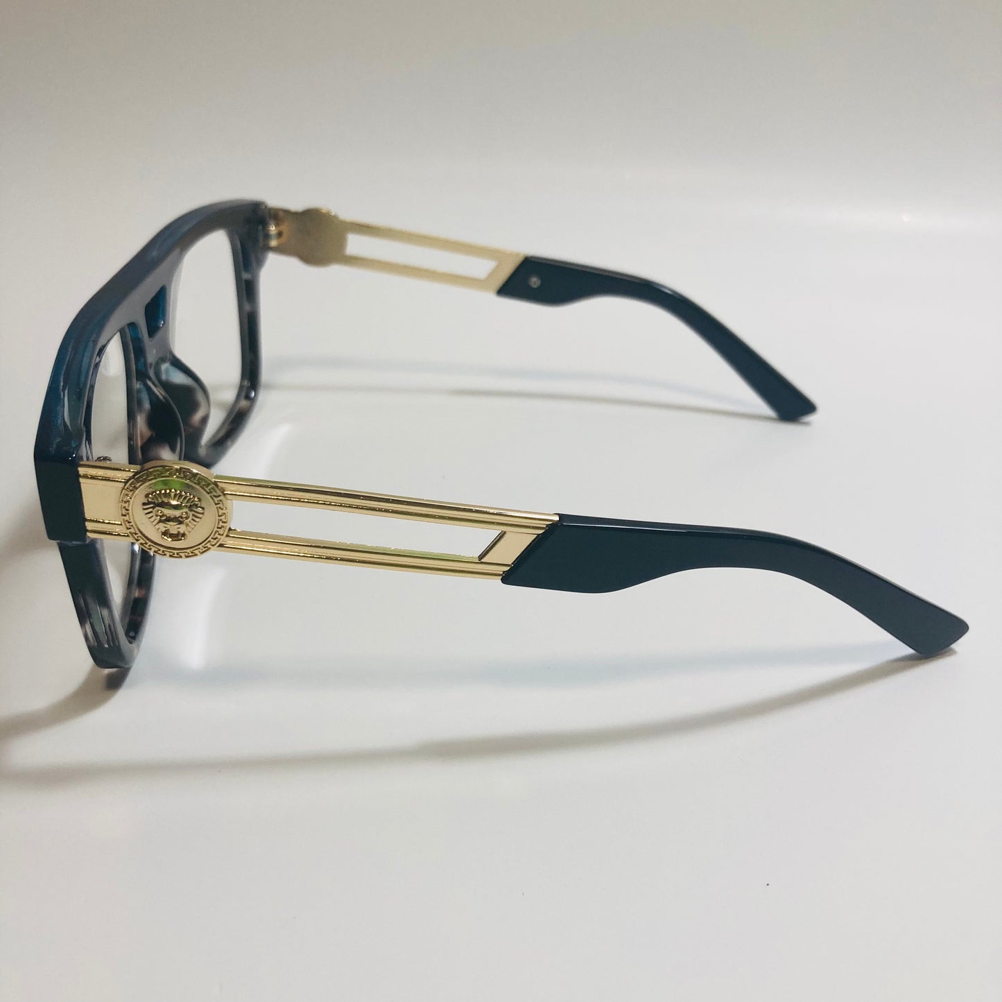 mens and womens blue clear and gold fake glasses
