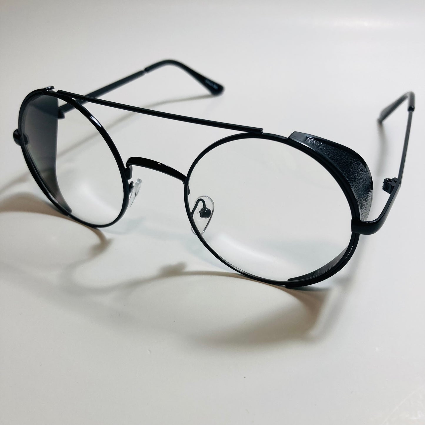 mens and womens black round glasses with side shields