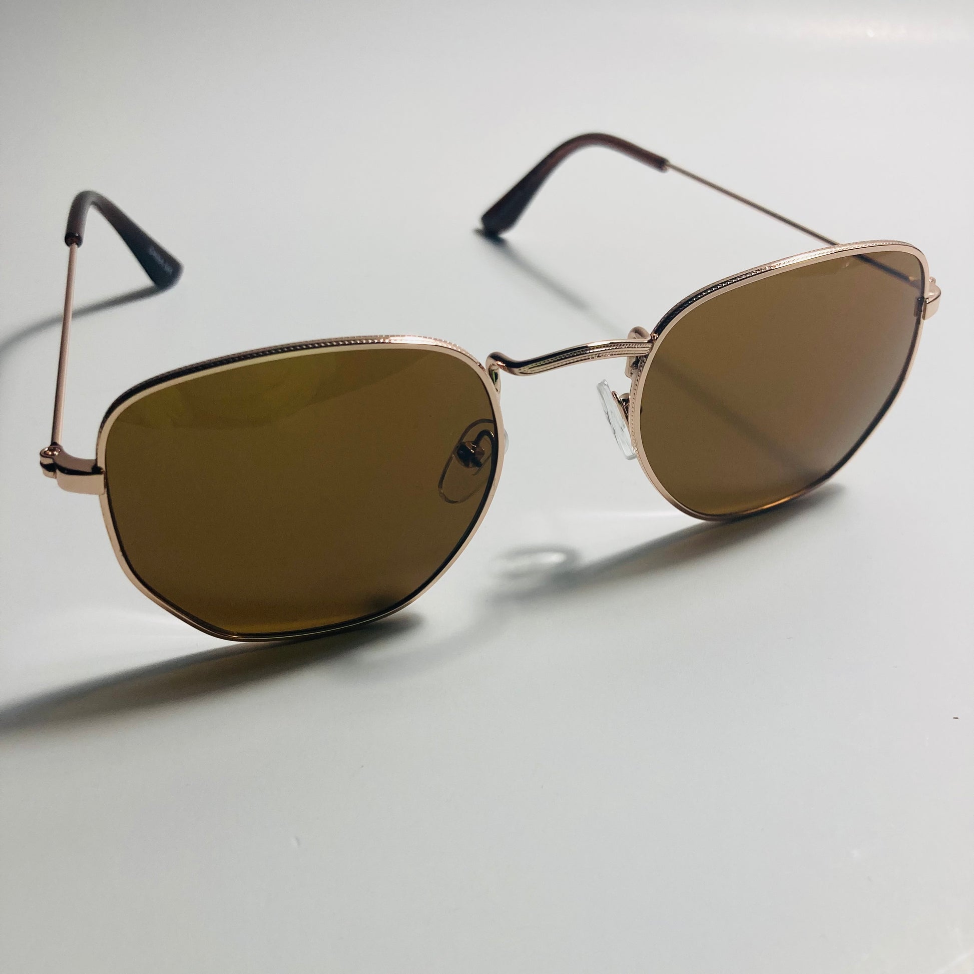 mens and womens gold and brown square sunglasses