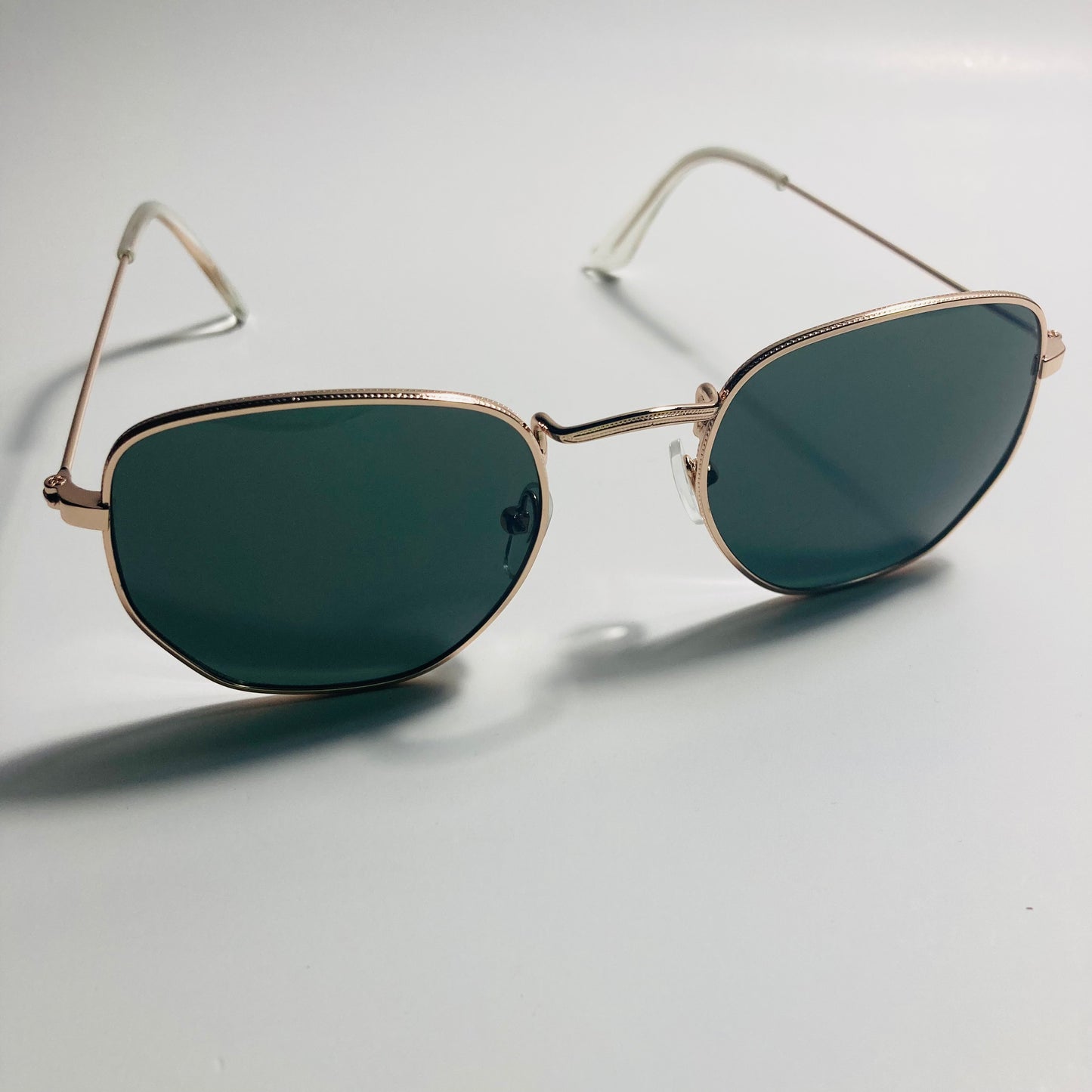 mens and womens gold and green square sunglasses