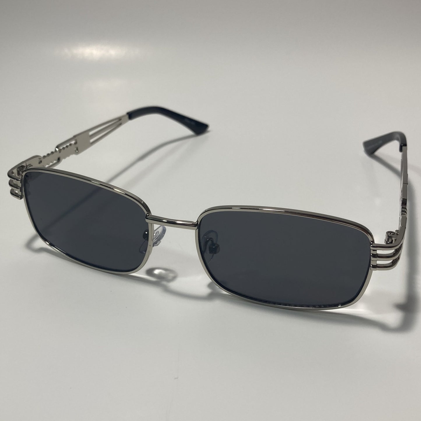 mens and womens silver square sunglasses with black lenses