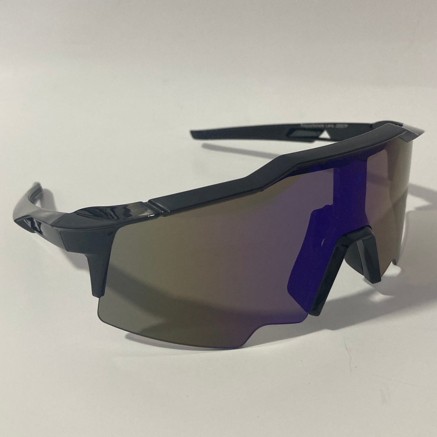 mens black and blue mirrored shield wrap around sunglasses
