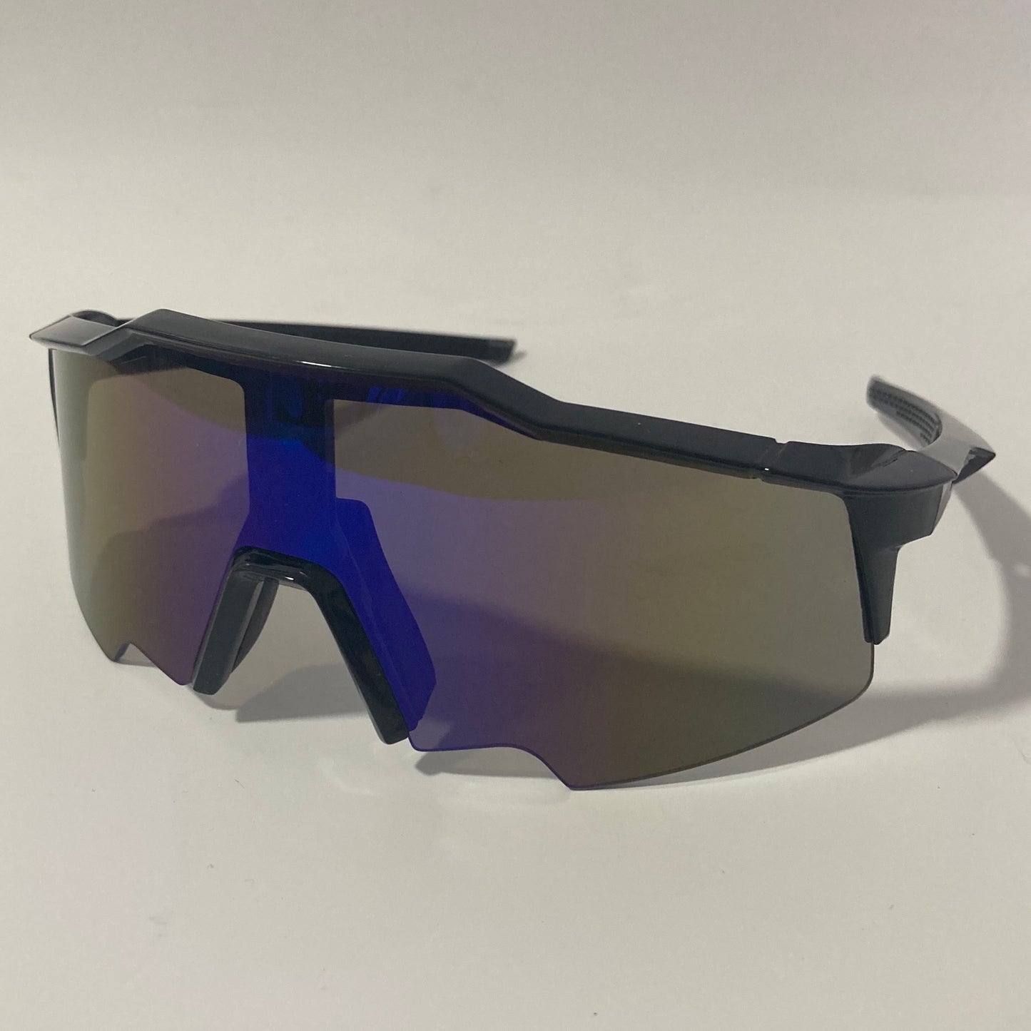 mens black and blue mirrored shield wrap around sunglasses
