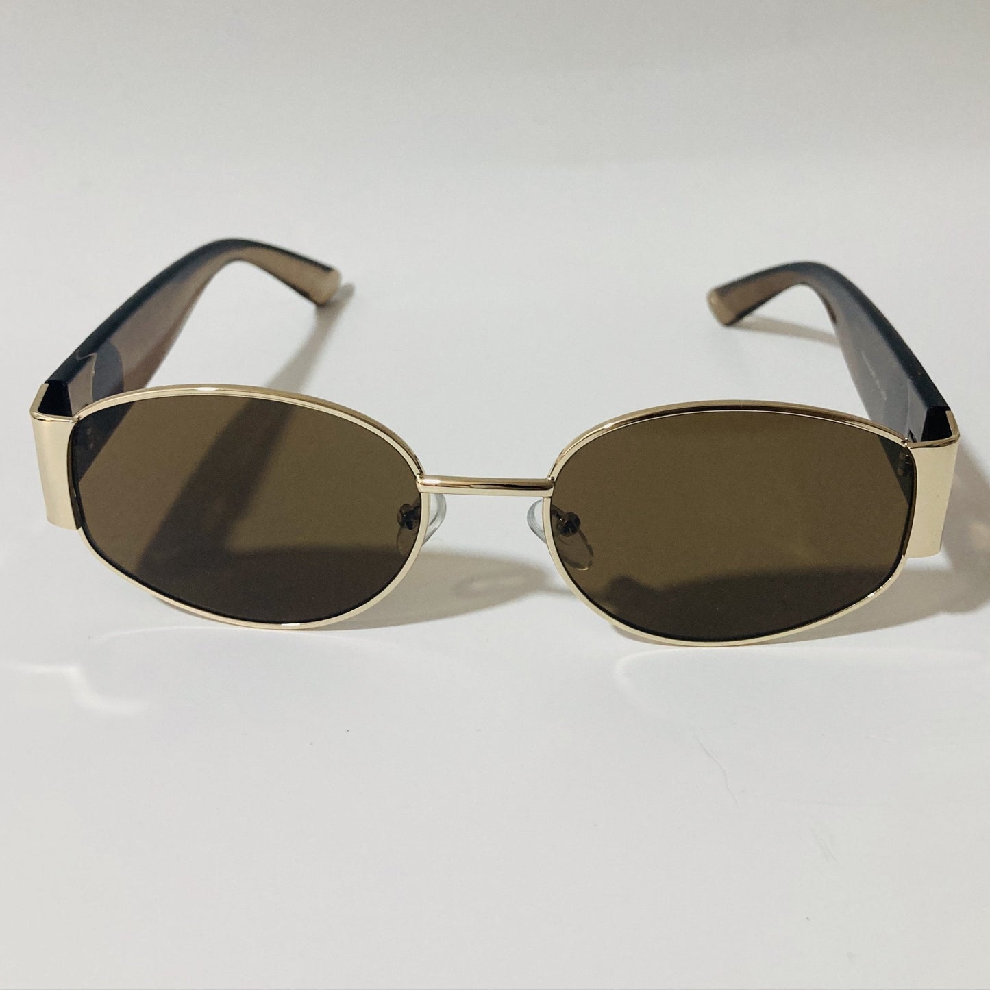 mens and womens brown and gold round sunglasses