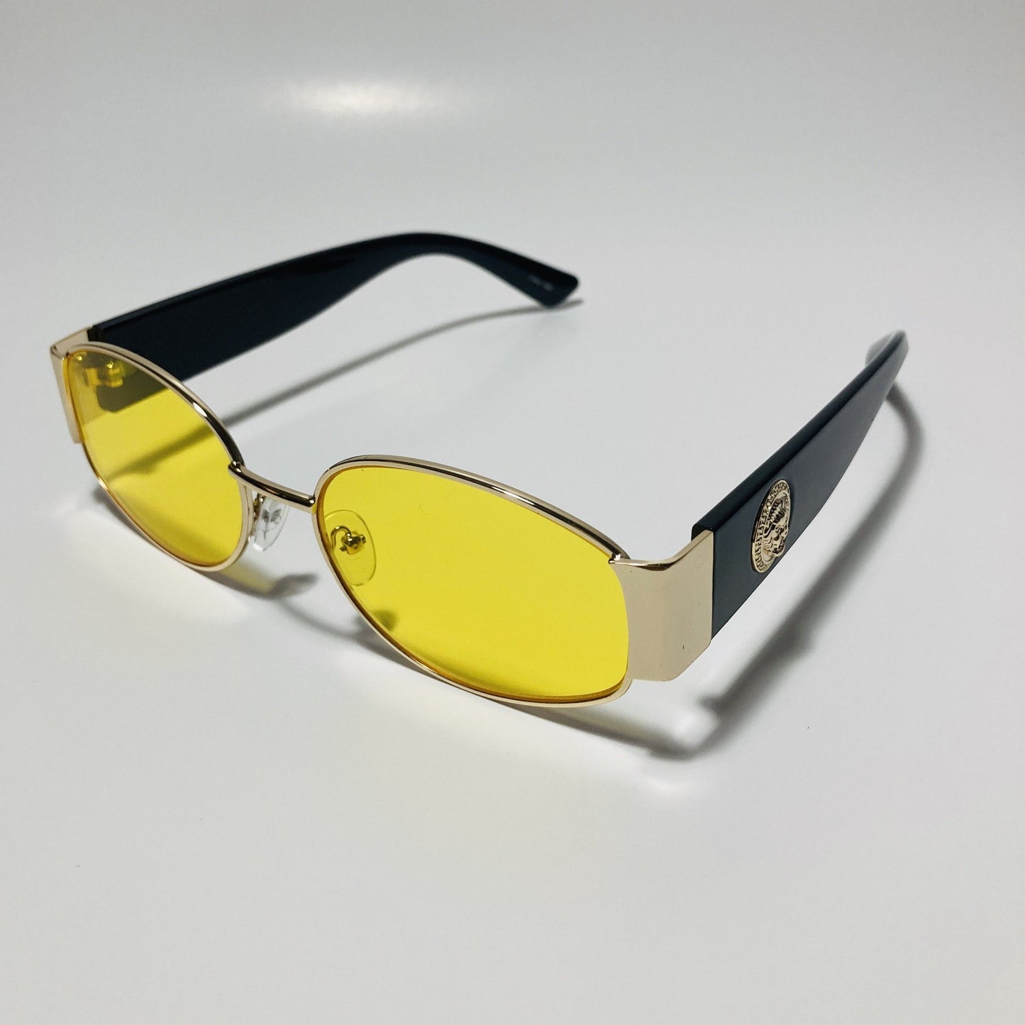 mens and womens black gold and yellow round sunglasses